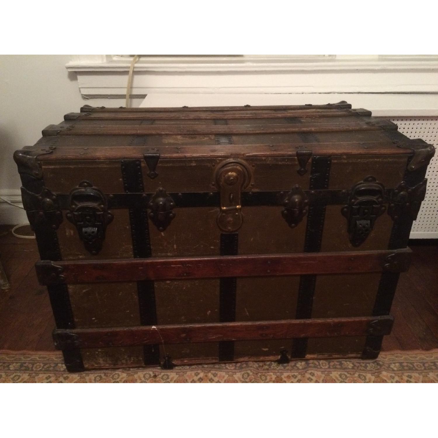 Antique Wood & Brass Shipping Trunk - image-5