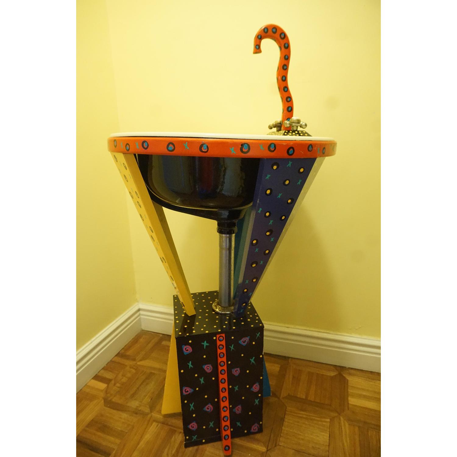 Found Art - Handmade Artist Signed Colorful Painted Sink - image-1