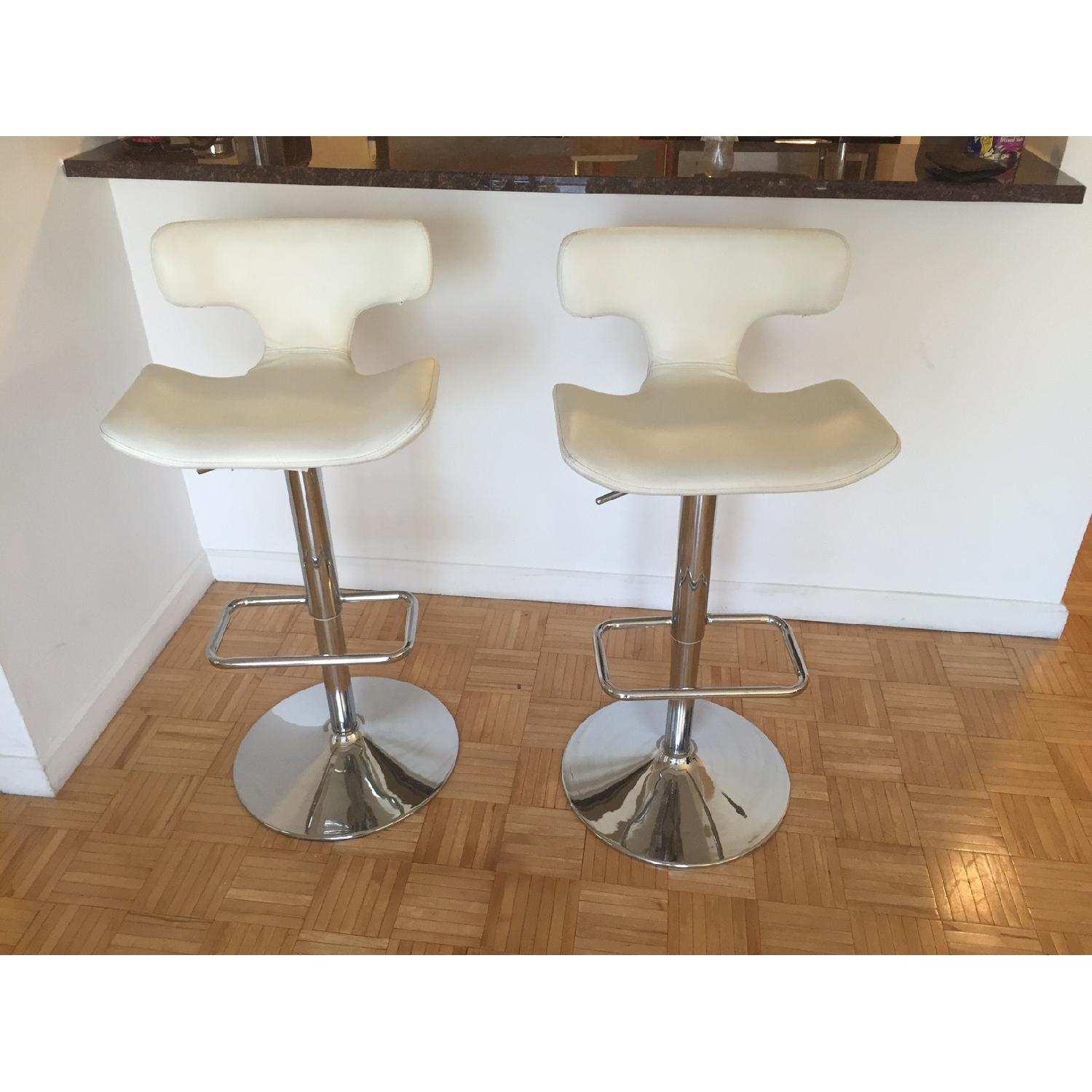 White Leather Modern Bar Stools - Pair - image-1