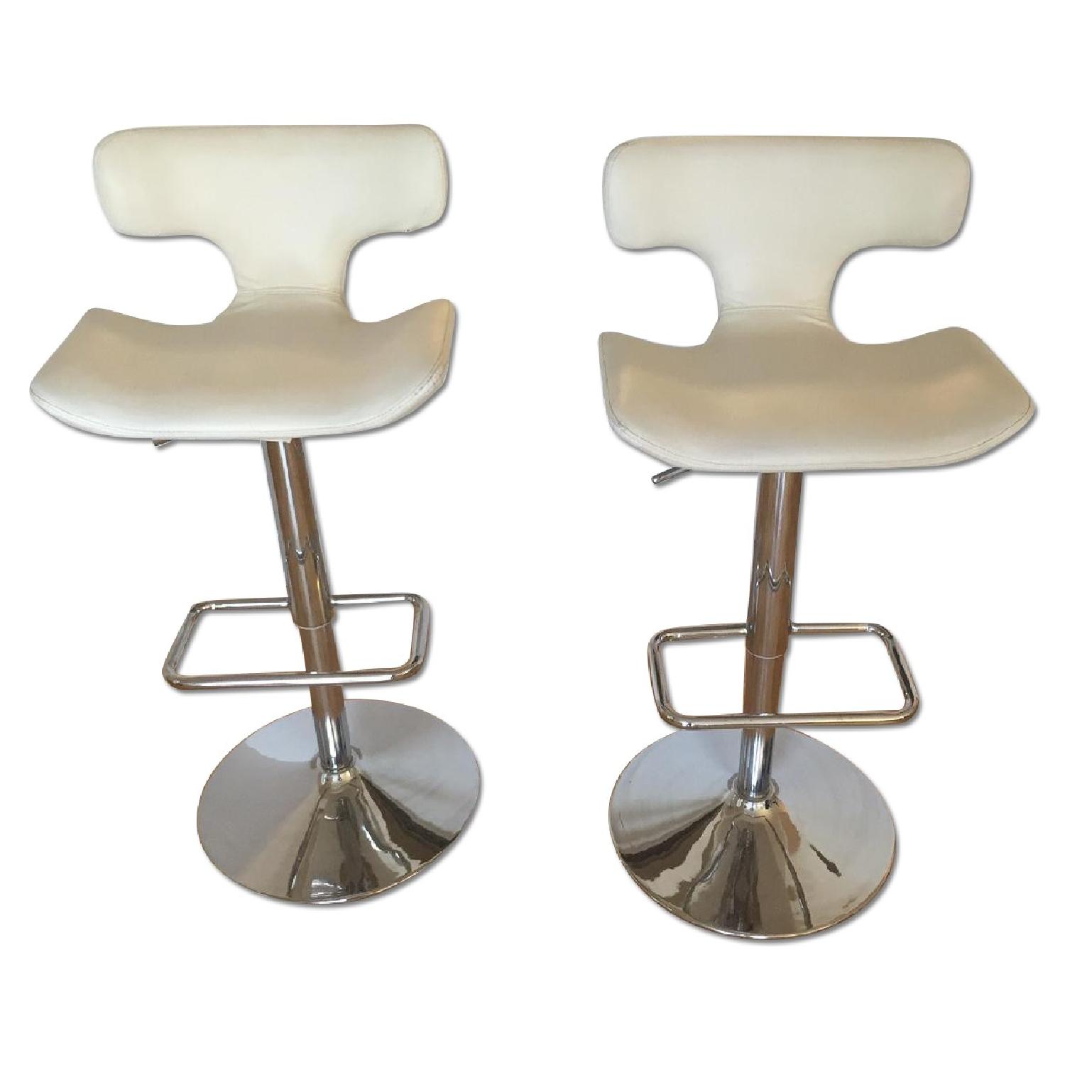 White Leather Modern Bar Stools - Pair - image-0