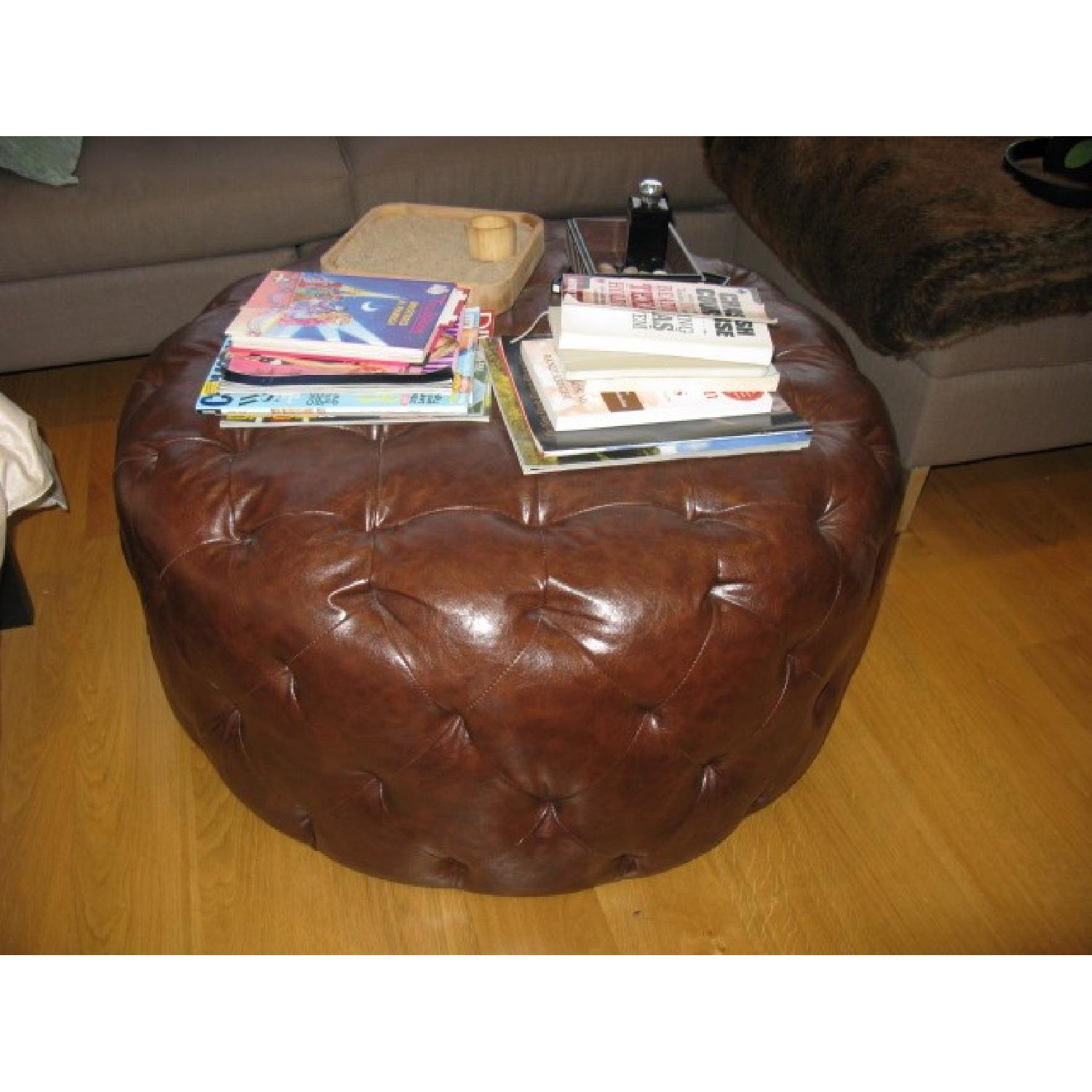 Armen Living Round Brown Leather Tufted Ottoman - image-1