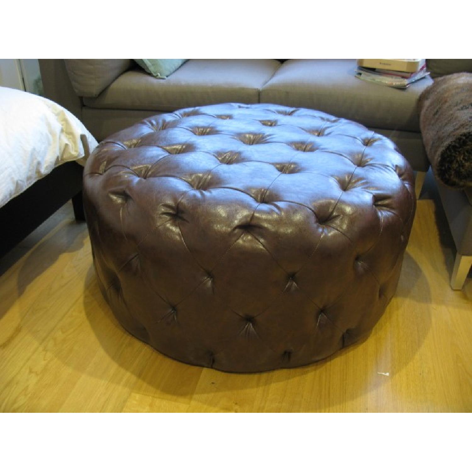 Armen Living Round Brown Leather Tufted Ottoman - image-2