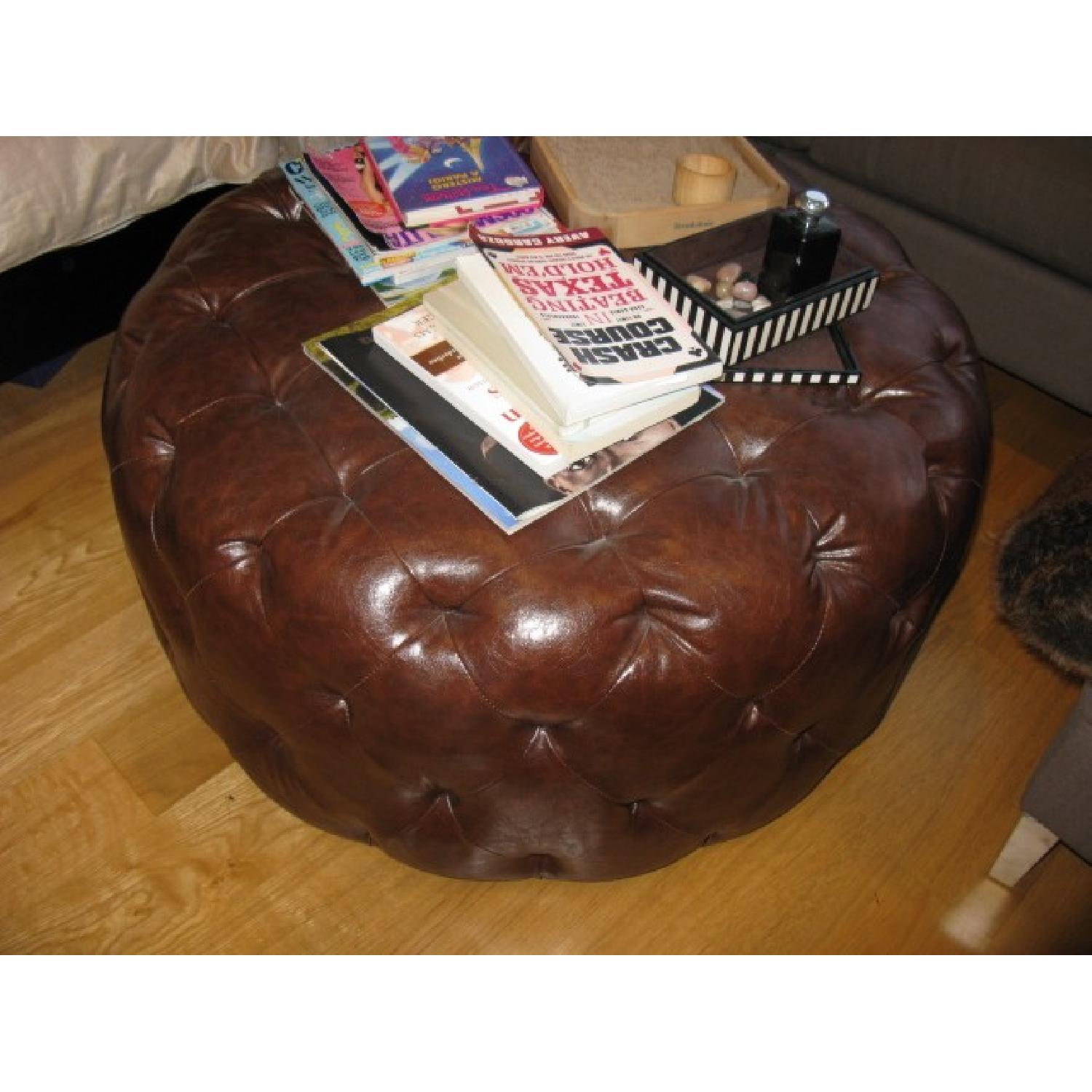 Armen Living Round Brown Leather Tufted Ottoman - image-3