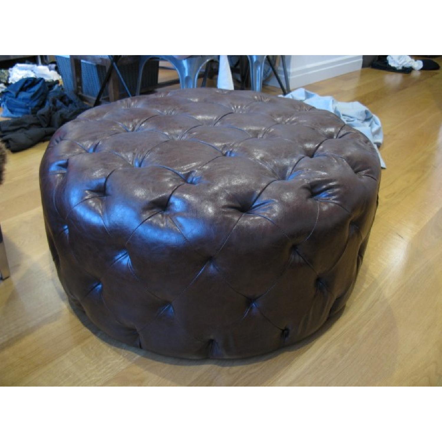 Armen Living Round Brown Leather Tufted Ottoman - image-4