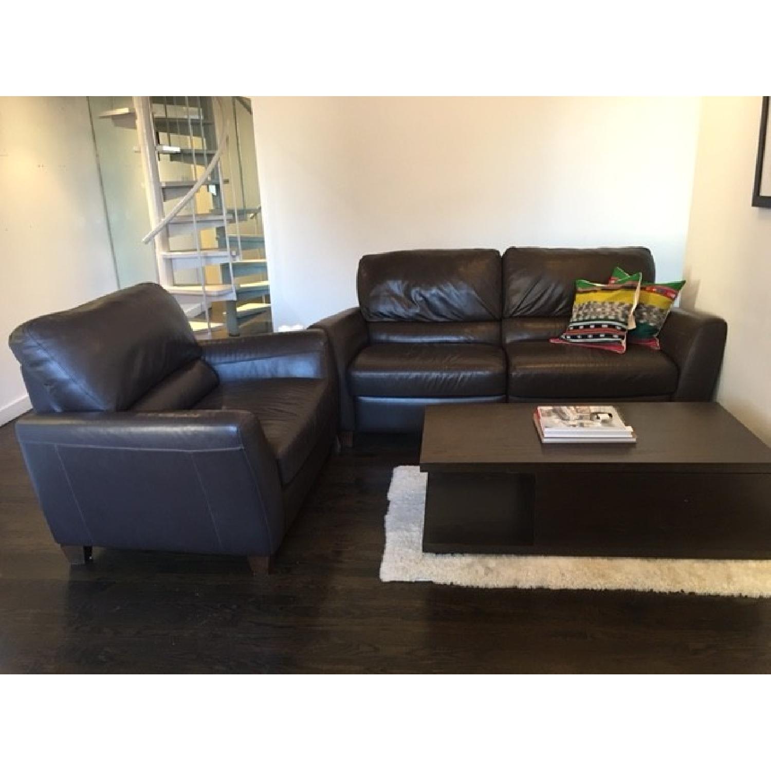 Macy's Brown Leather Reclining Sofa + Armchair AptDeco