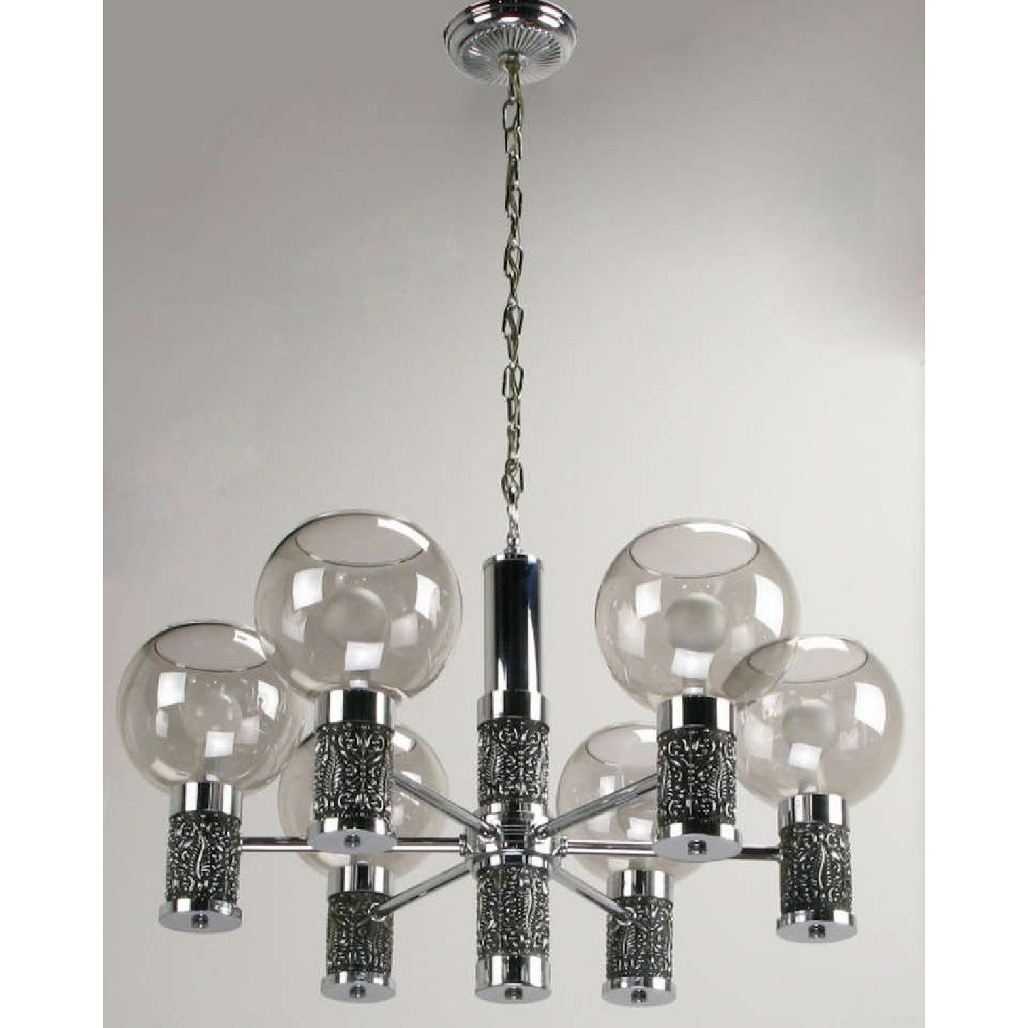 1960's Chrome & Smoked Glass Chandelier w/ Foliate Relief Detail - image-2