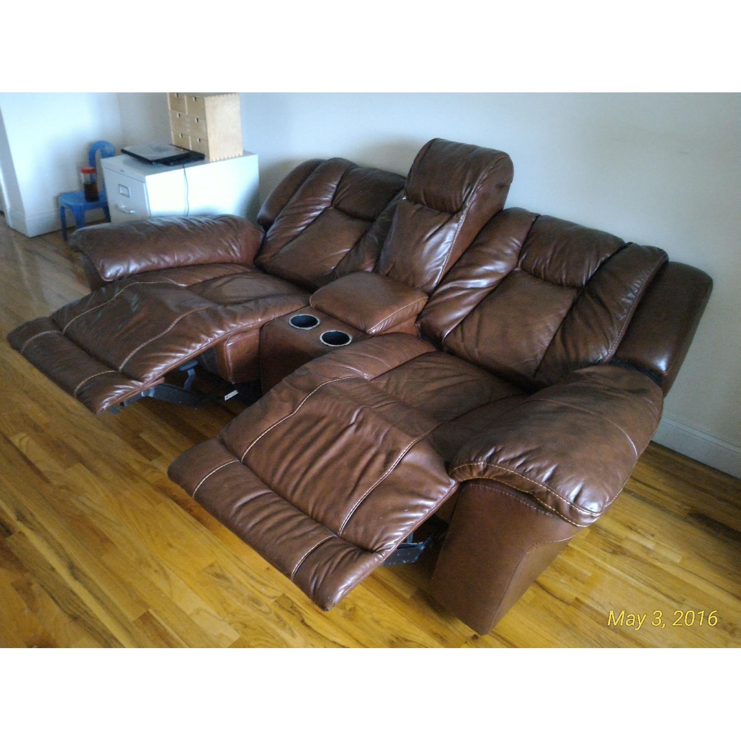 Bob's Double Reclining Brown Leather Sofa - image-1