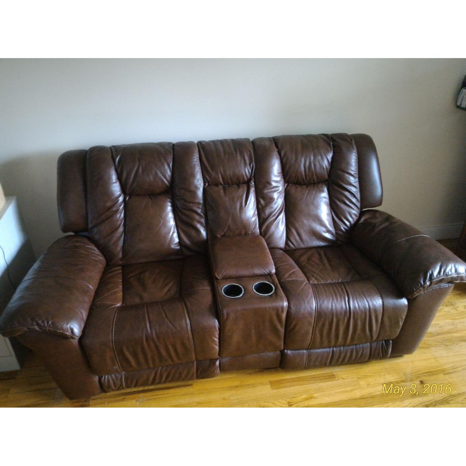 Bob's Double Reclining Brown Leather Sofa - image-3