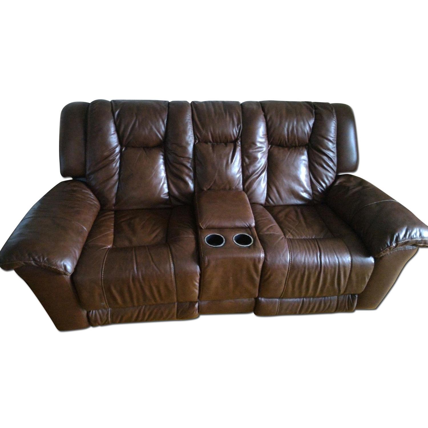 Bob's Double Reclining Brown Leather Sofa - image-0