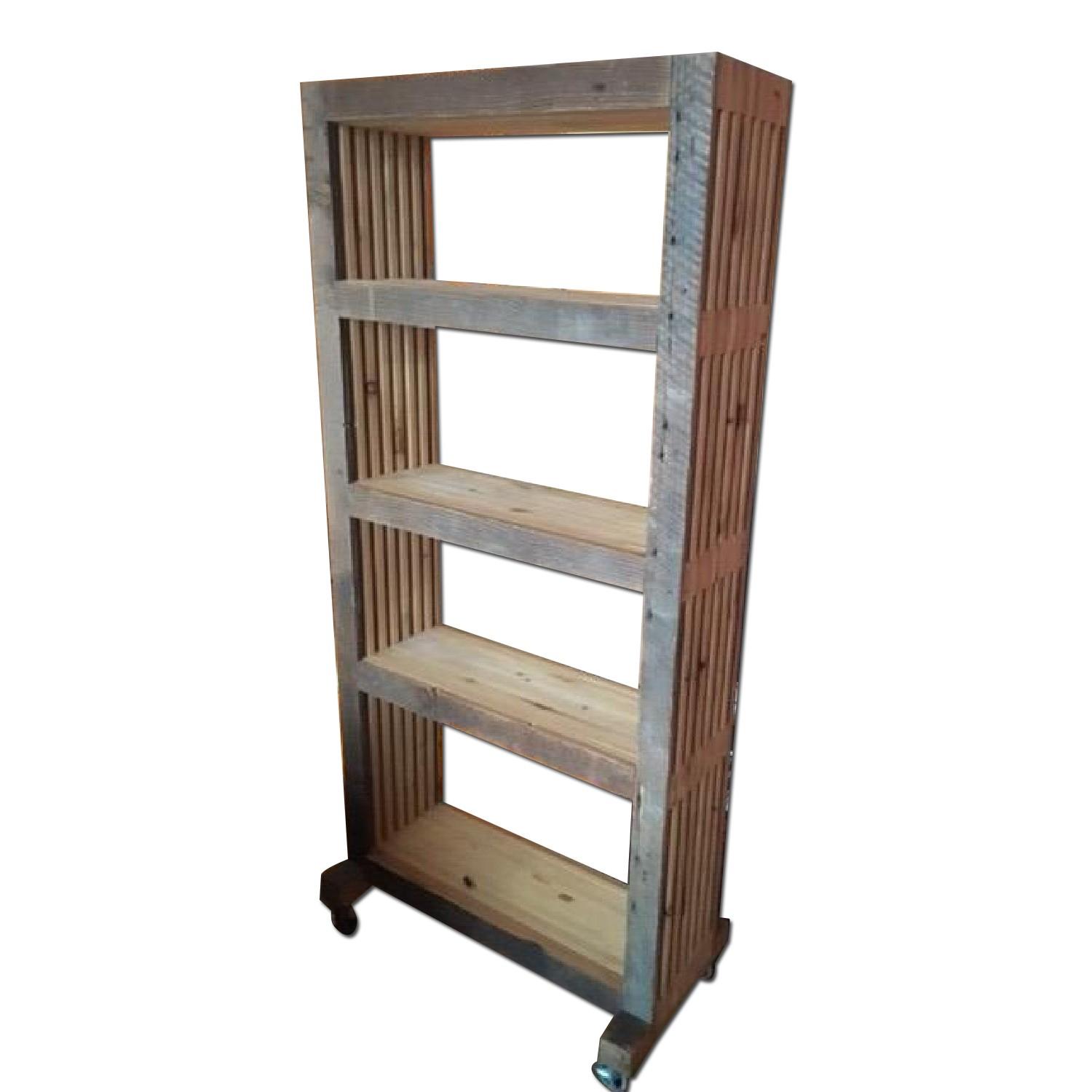 Handmade Pine-Slat Bookcase on Casters - image-0