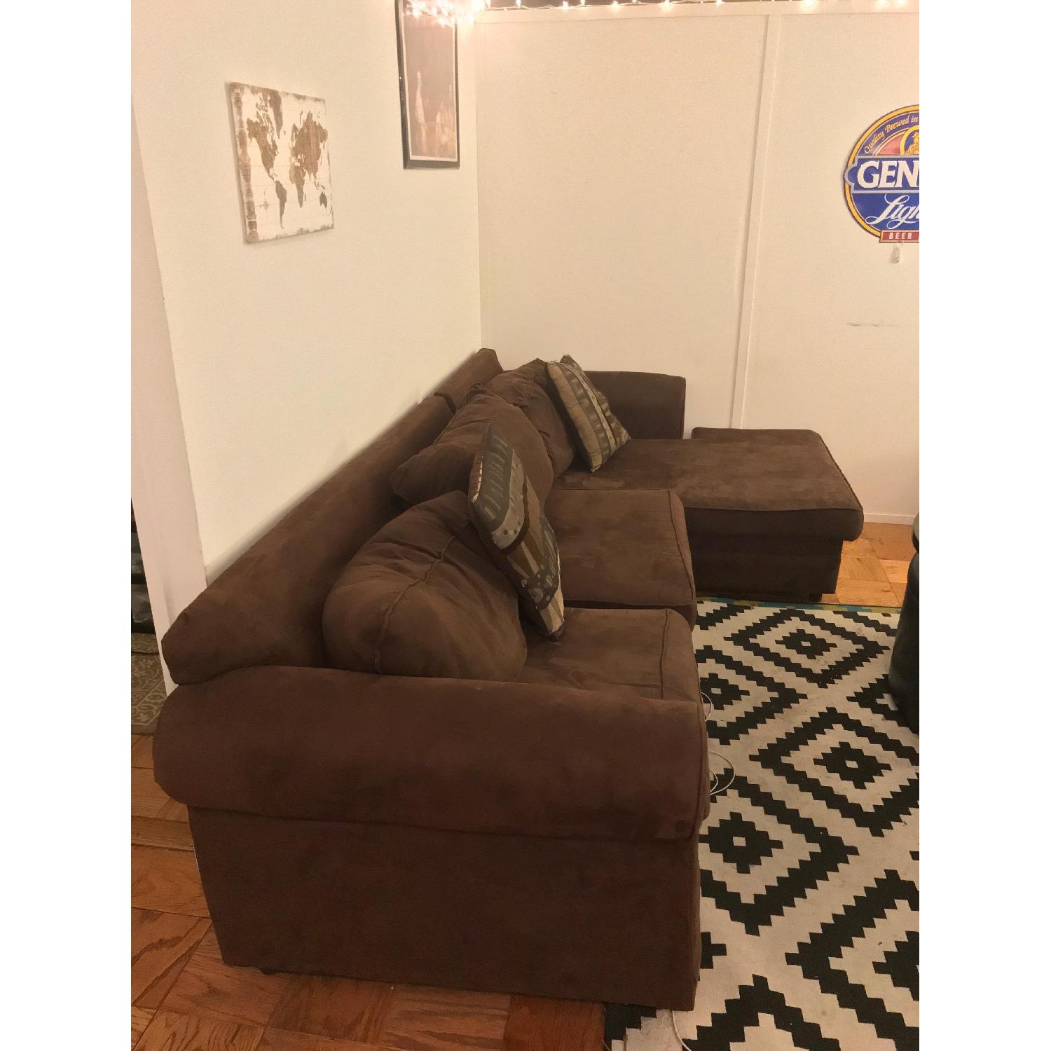 Brown L-Shaped Sectional Sofa w/ Throw Pillows - image-1