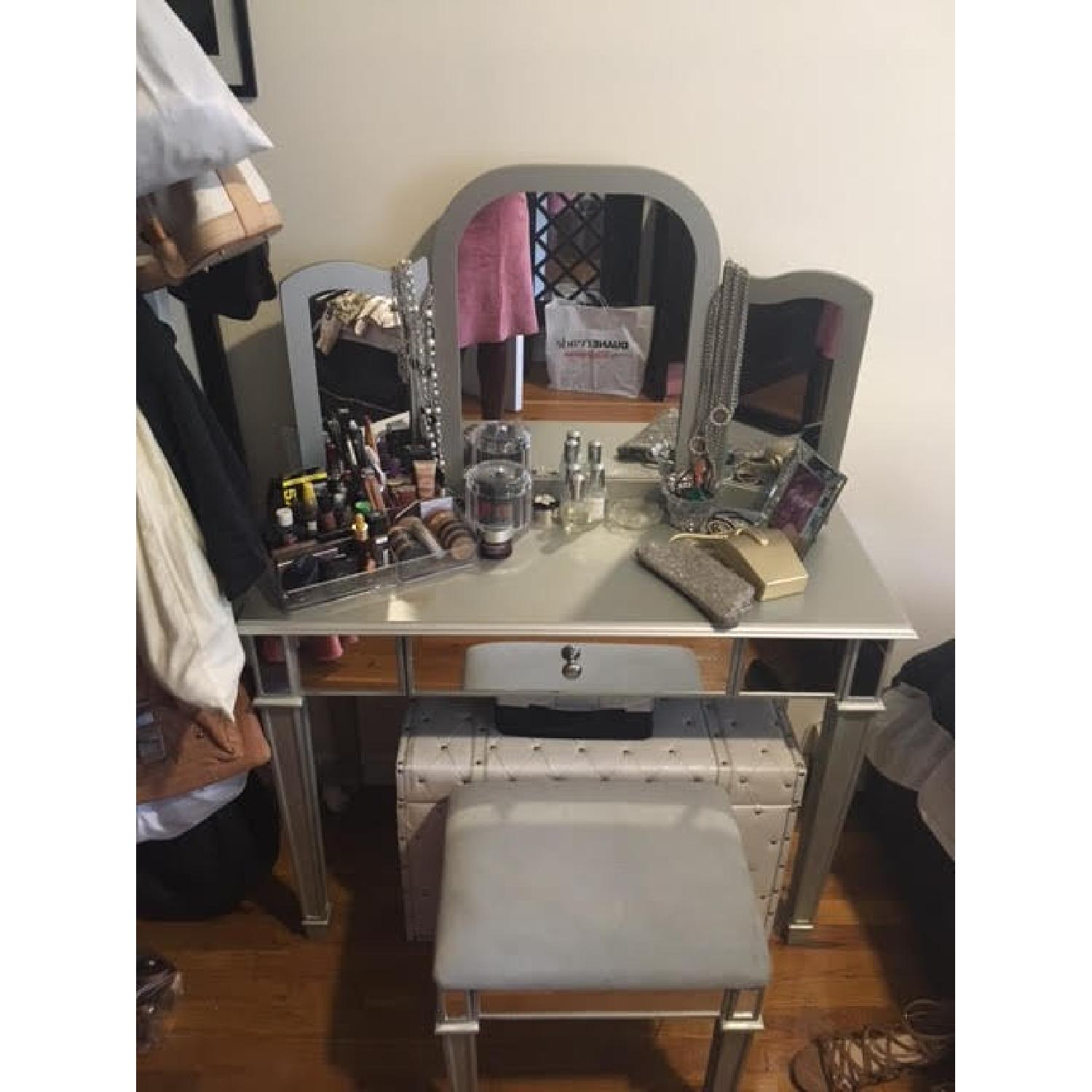 Pier 1 Hayworth Silver Mirrored Vanity Table & Stool - image-3