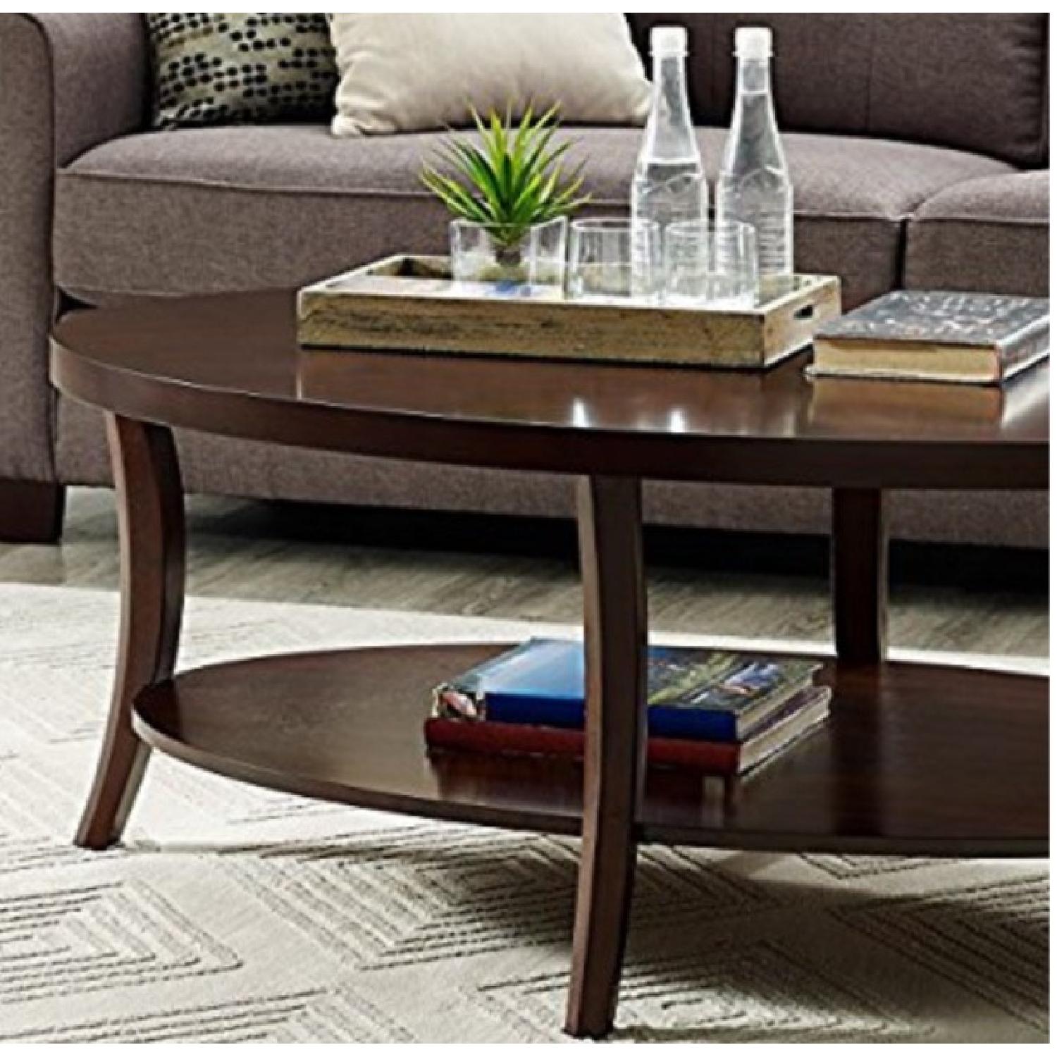 Contemporary Espresso Oval Coffee Table w/ Shelf - image-1