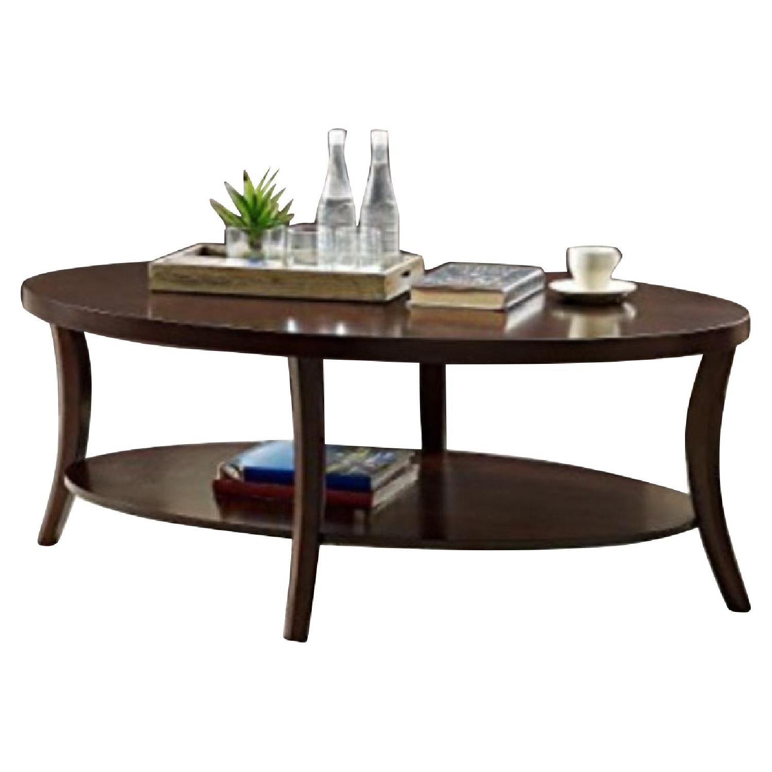 Contemporary Espresso Oval Coffee Table w/ Shelf - image-3