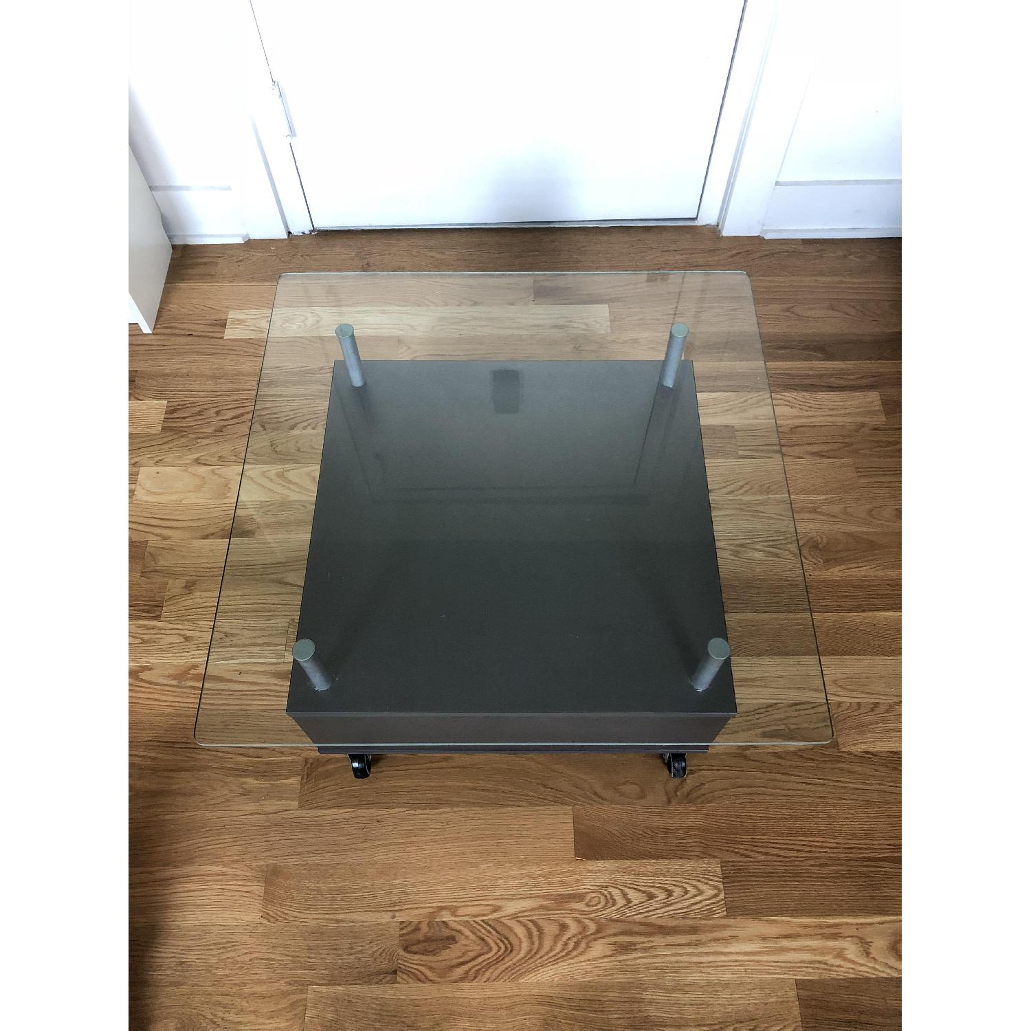 Ikea Wood & Glass Coffee Table w/ Storage on Wheels AptDeco