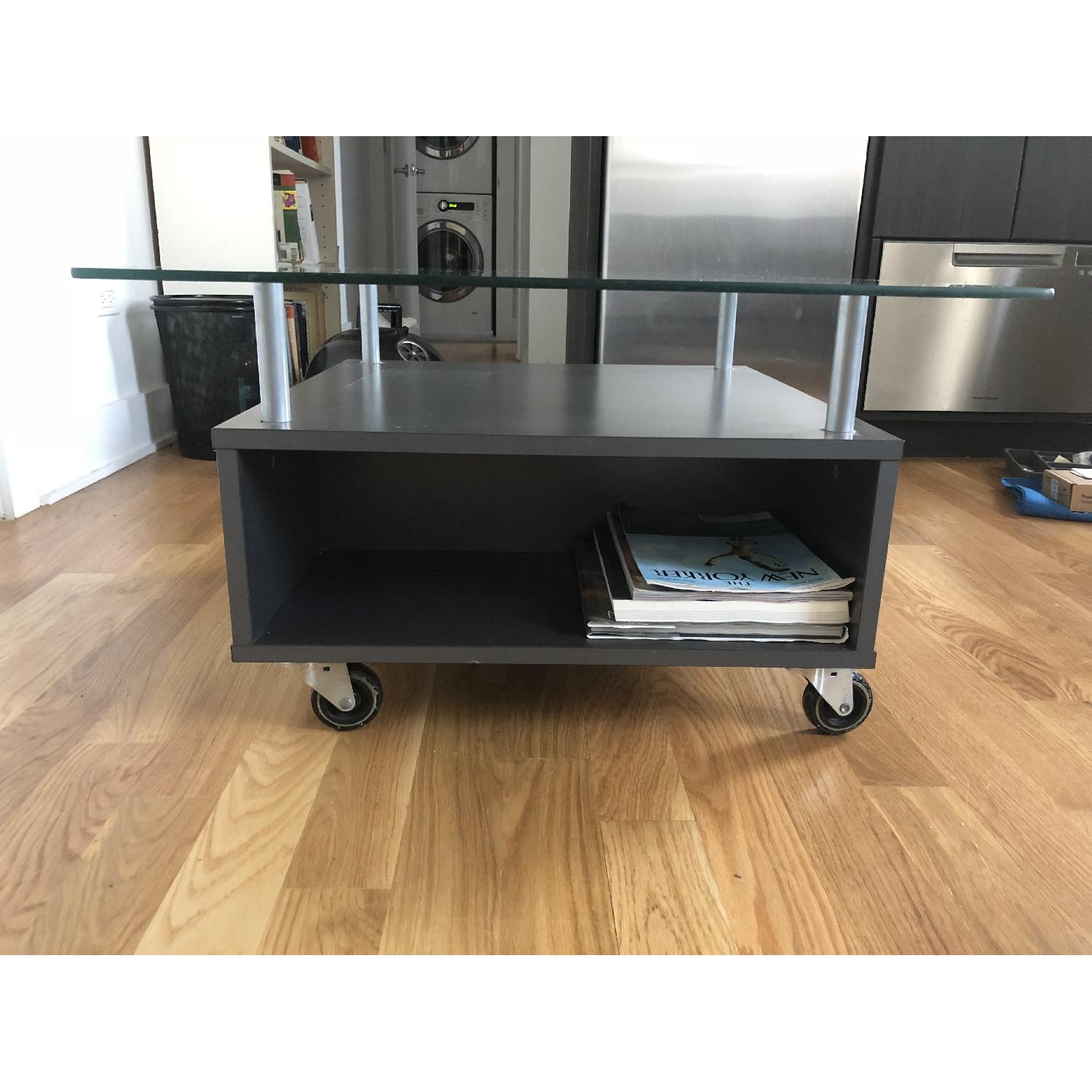 Ikea Wood & Glass Coffee Table w/ Storage on Wheels - image-5