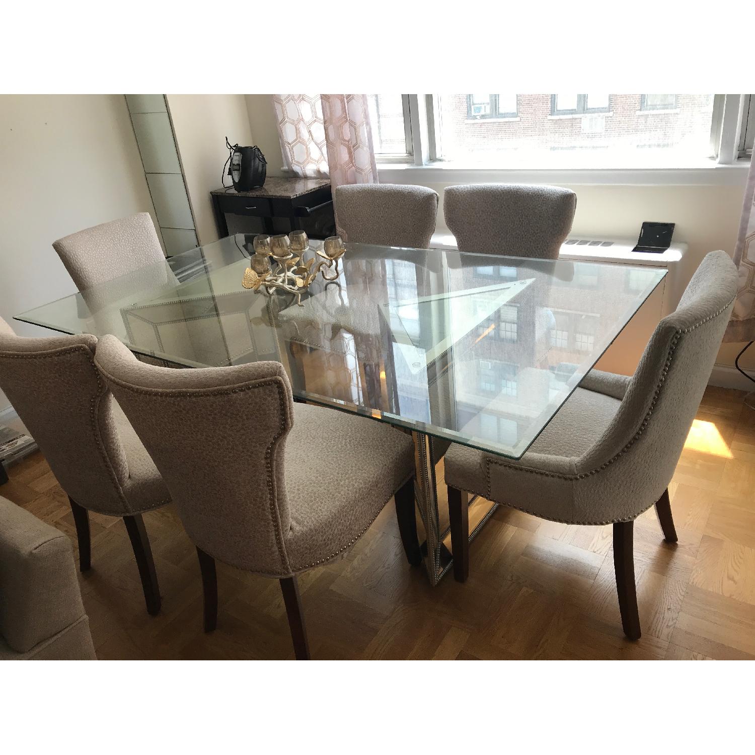 Macy's Glass Top Dining Table w/ 6 Fabric Chairs - image-1
