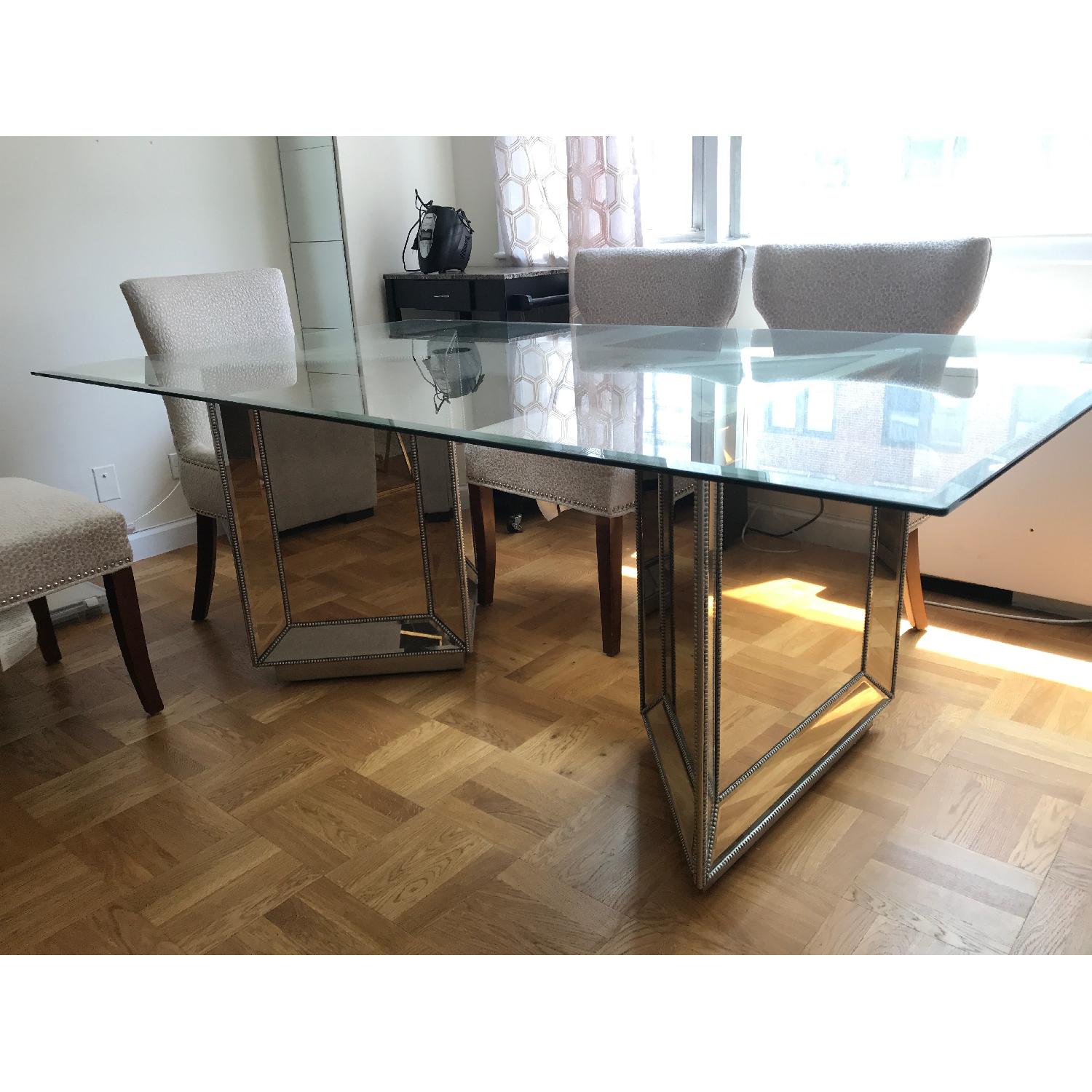 Macy's Glass Top Dining Table w/ 6 Fabric Chairs - image-3