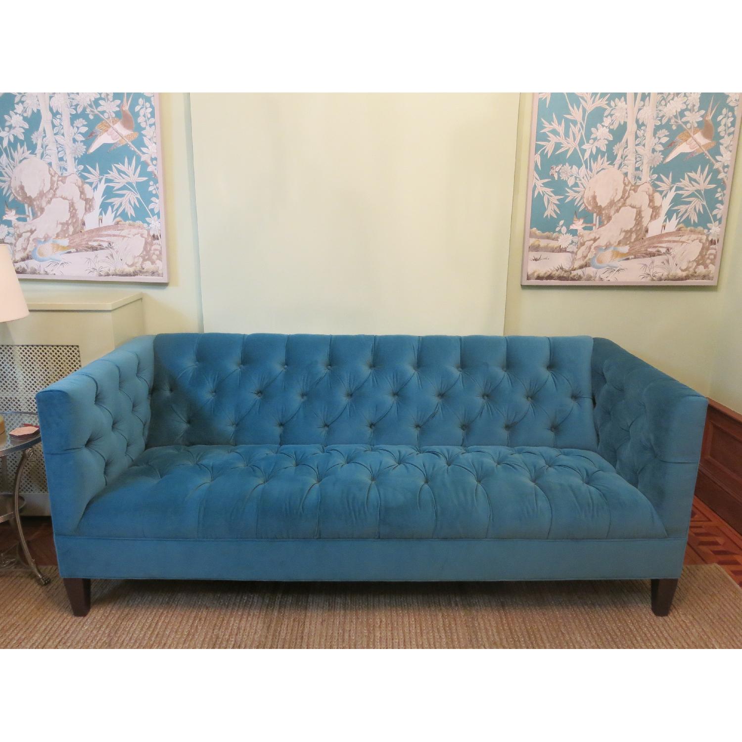 Custom Peacock Blue Velvet Tufted Sofa - image-1