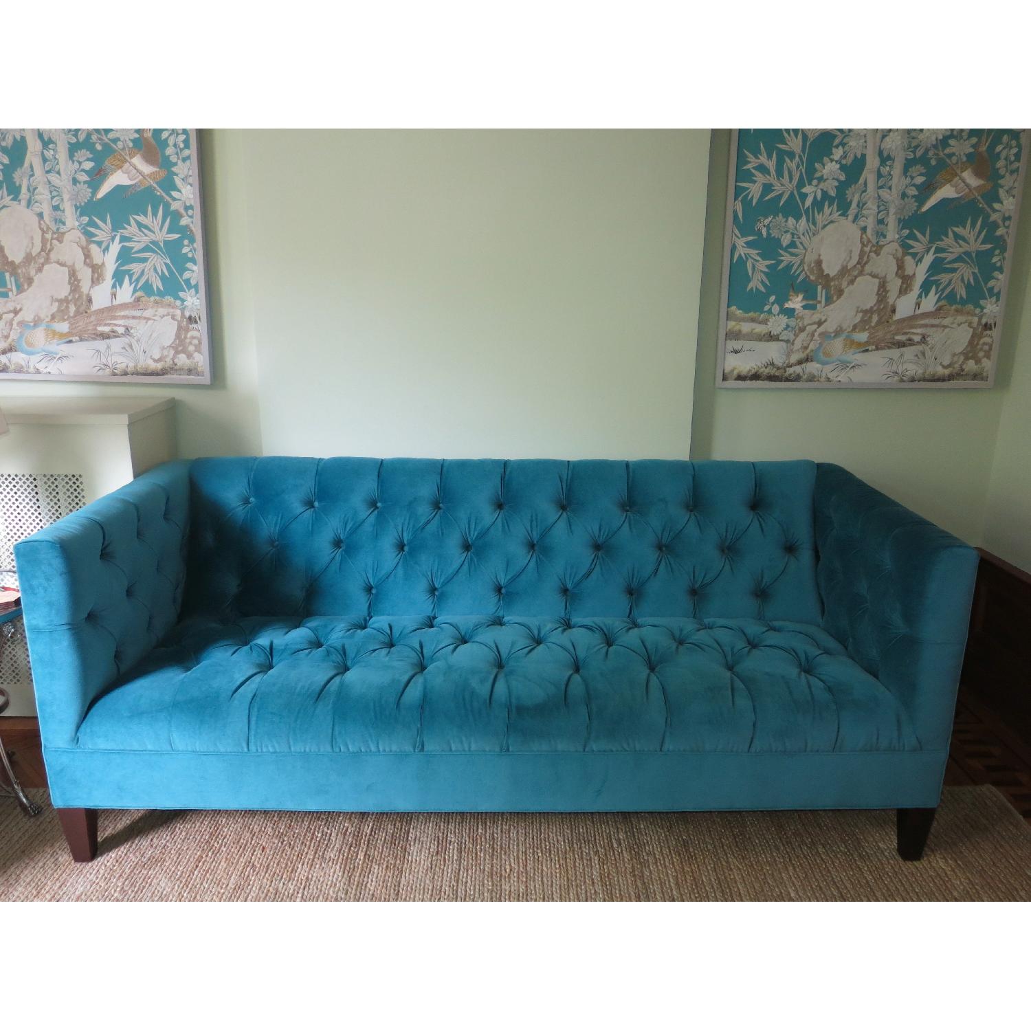 Custom Peacock Blue Velvet Tufted Sofa - image-2