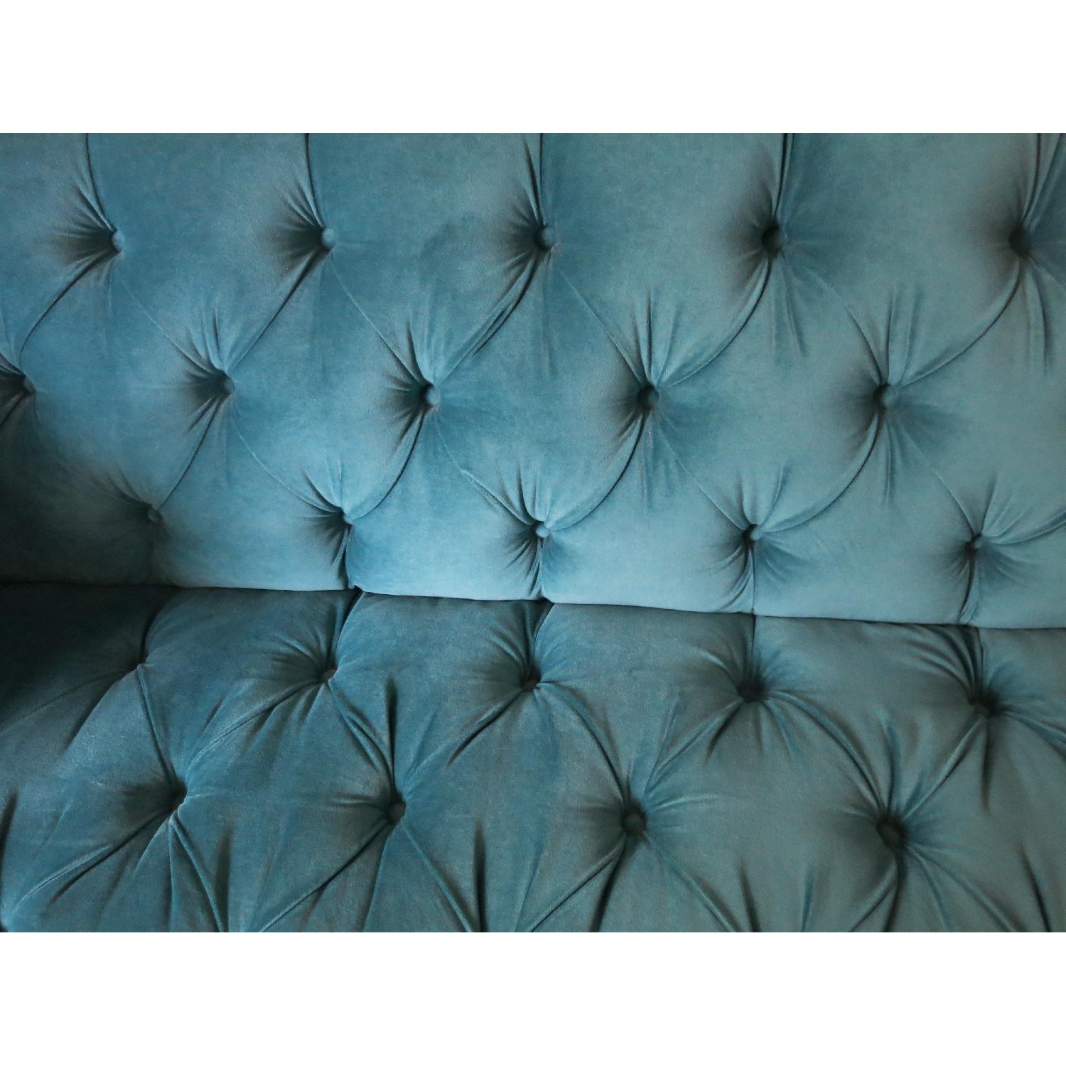 Custom Peacock Blue Velvet Tufted Sofa - image-5