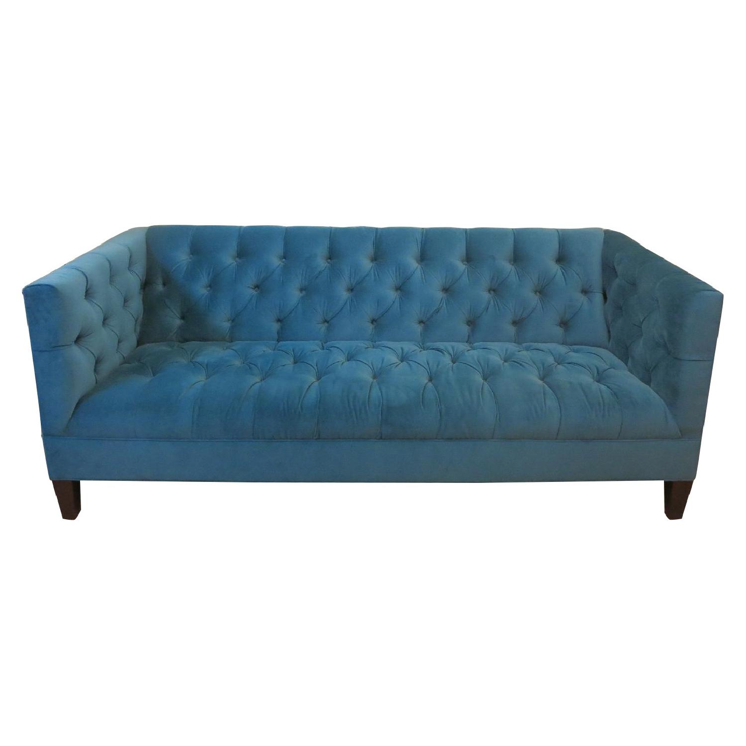 Custom Peacock Blue Velvet Tufted Sofa AptDeco