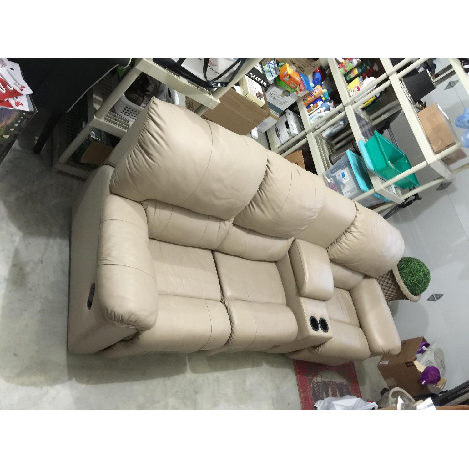 Tan Leather 4 Piece Sectional Sofa w/ Three Reclining Chairs - image-1