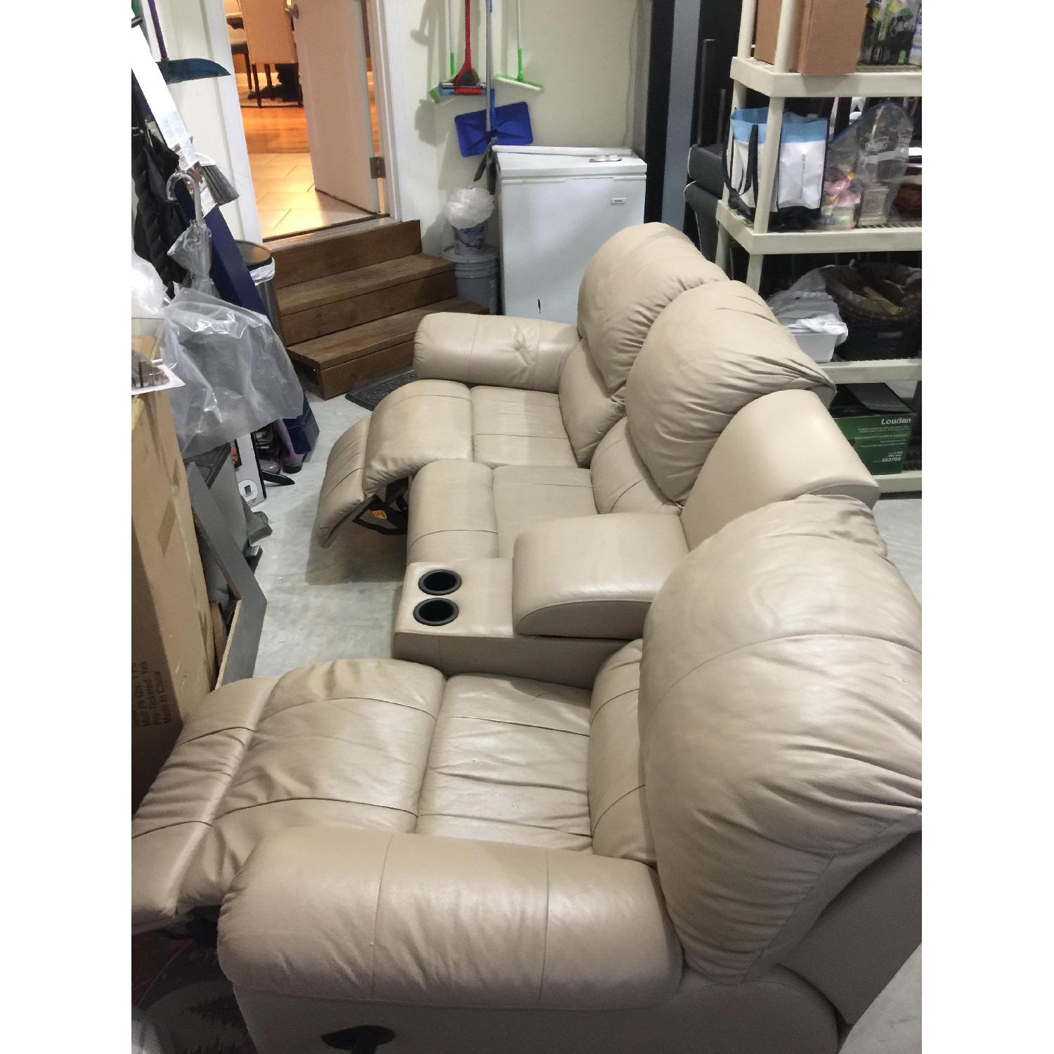 Tan Leather 4 Piece Sectional Sofa w/ Three Reclining Chairs - image-2
