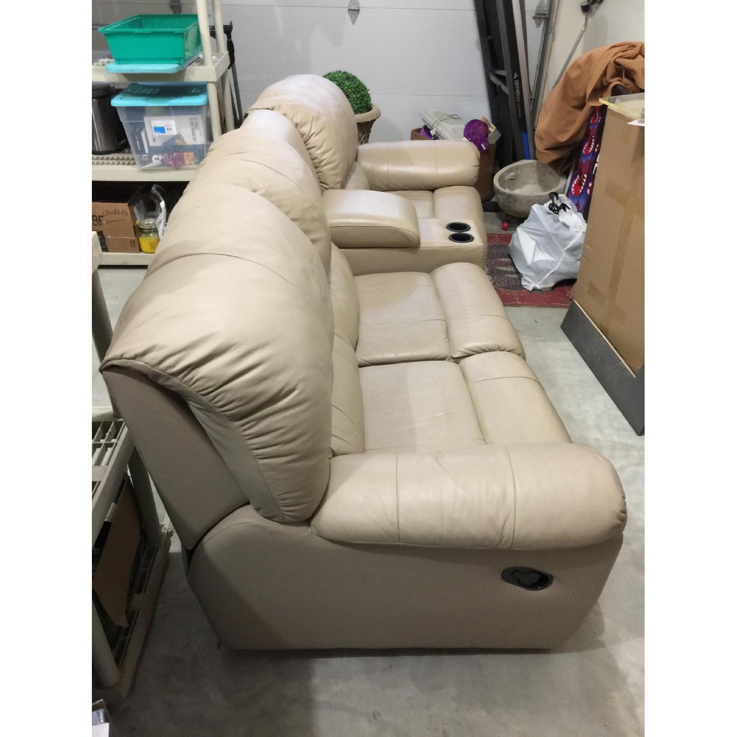 Tan Leather 4 Piece Sectional Sofa w/ Three Reclining Chairs - image-3