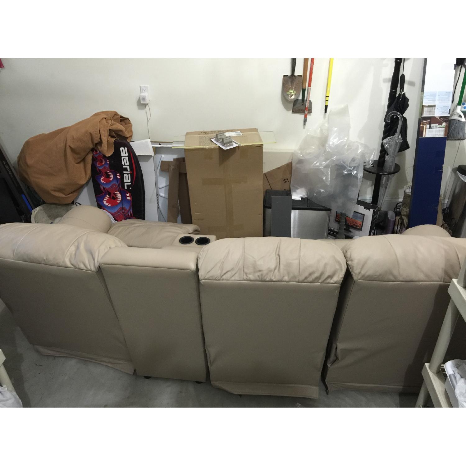 Tan Leather 4 Piece Sectional Sofa w/ Three Reclining Chairs - image-4