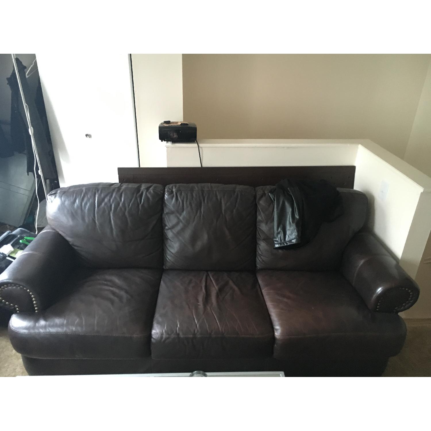 Macy's Brown Leather Sofa w/ Brass Hardware - image-1