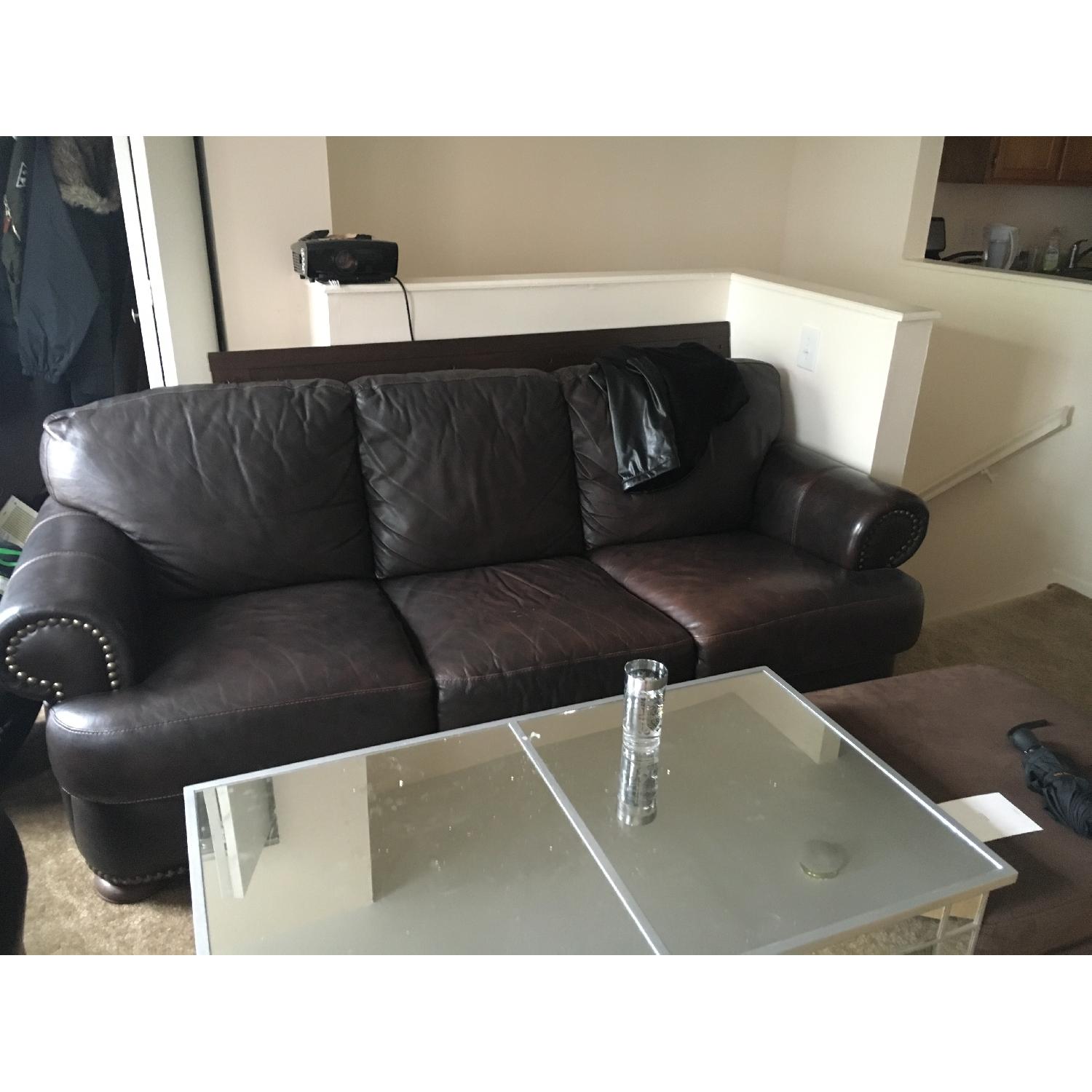 Macy's Brown Leather Sofa w/ Brass Hardware - image-4