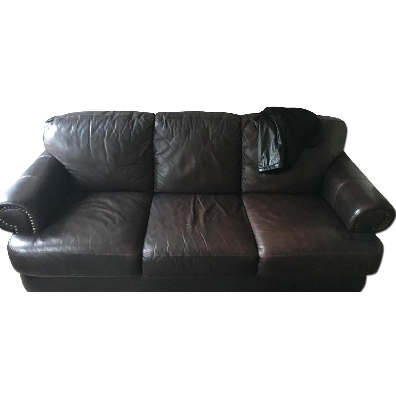 Macy's Brown Leather Sofa w/ Brass Hardware - image-0