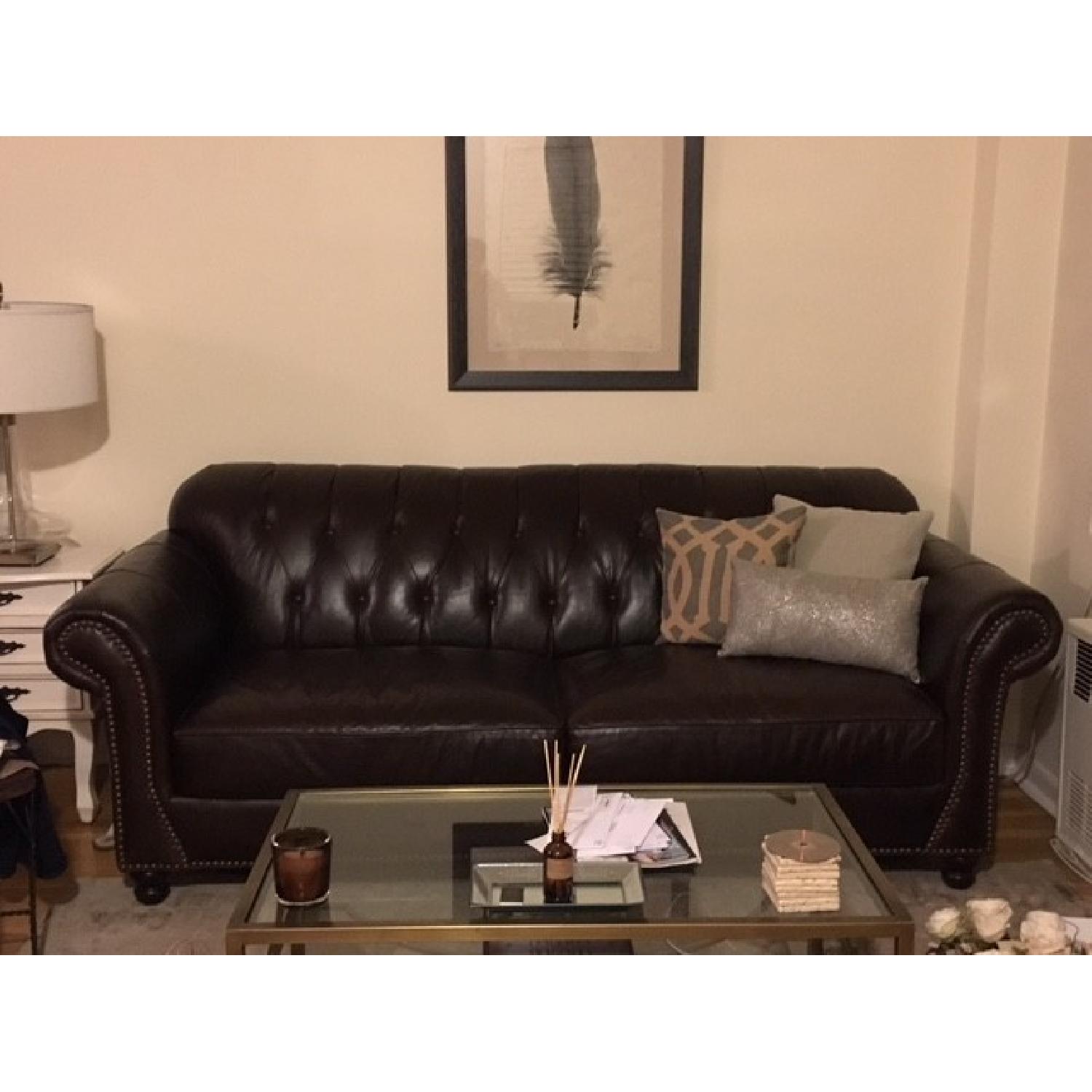 ABC Carpet & Home Brown Leather Couch w/ Nailhead Detailing - image-3