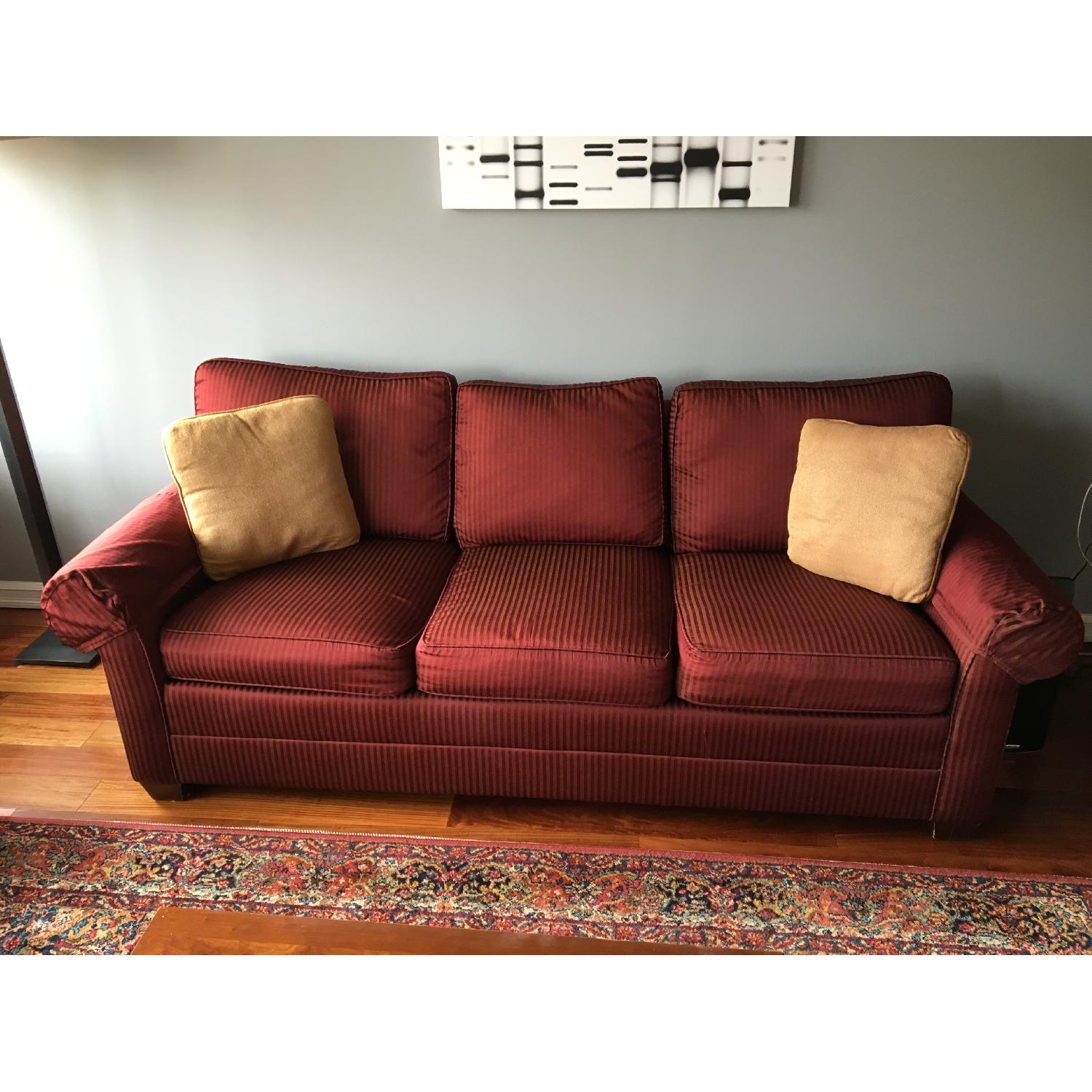 Ethan Allen Bennett Burgundy Sofa w/ Muted Stripes - image-1