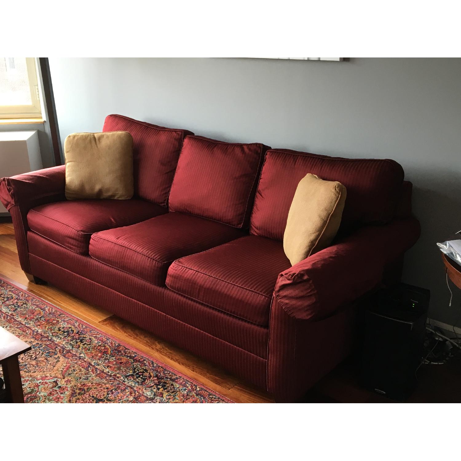 Ethan Allen Bennett Burgundy Sofa w/ Muted Stripes - image-2