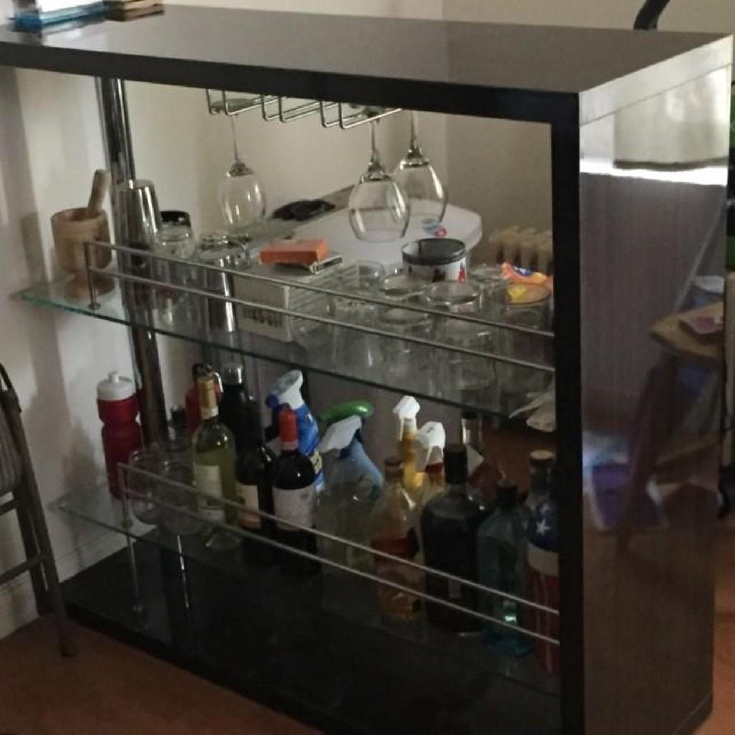 Modern Home Bar w/ Two Glass Shelves & Wine Glass Racks - image-2