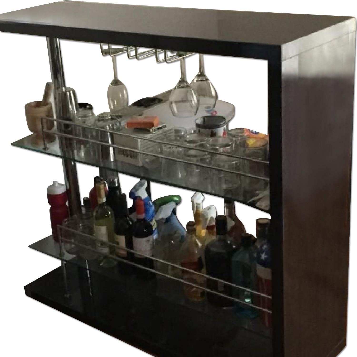 Modern Home Bar w/ Two Glass Shelves & Wine Glass Racks - image-0