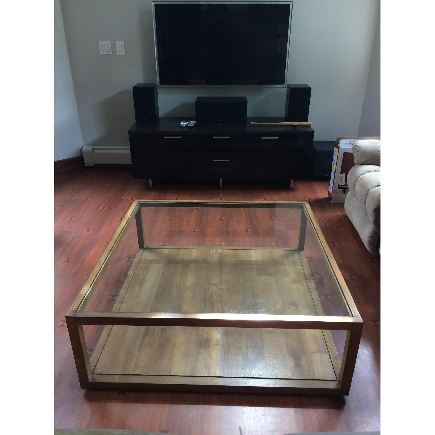 Crate & Barrel Teak & Glass Structure Square Coffee Table - image-1