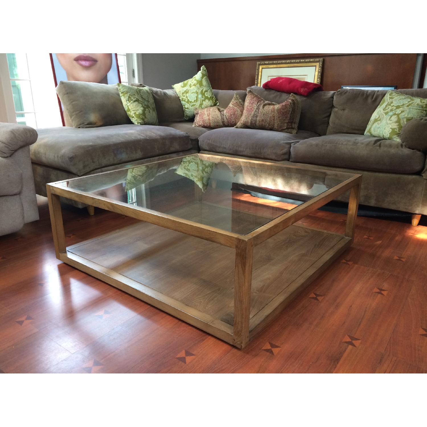 Crate & Barrel Teak & Glass Structure Square Coffee Table - image-3