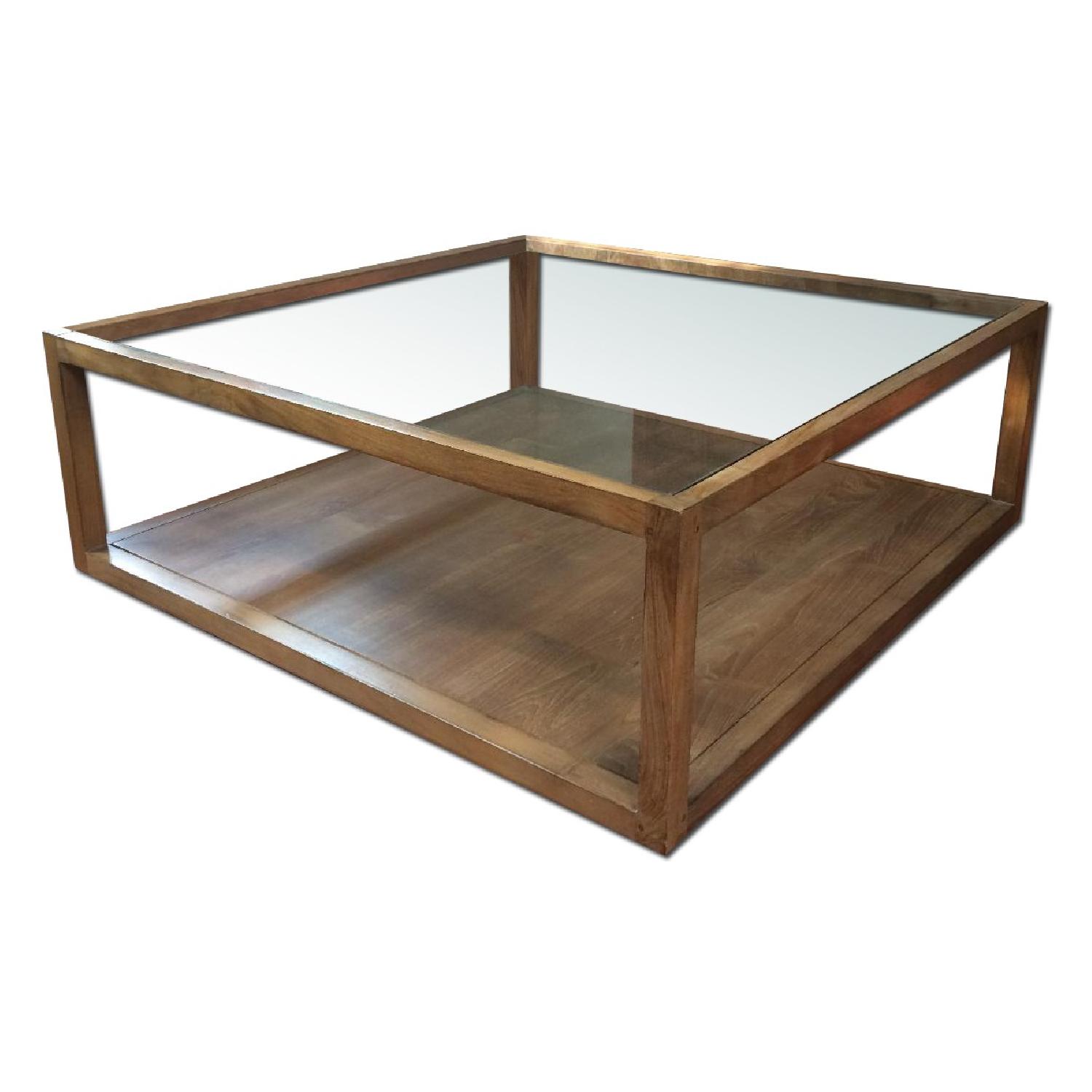 Crate & Barrel Teak & Glass Structure Square Coffee Table - image-0