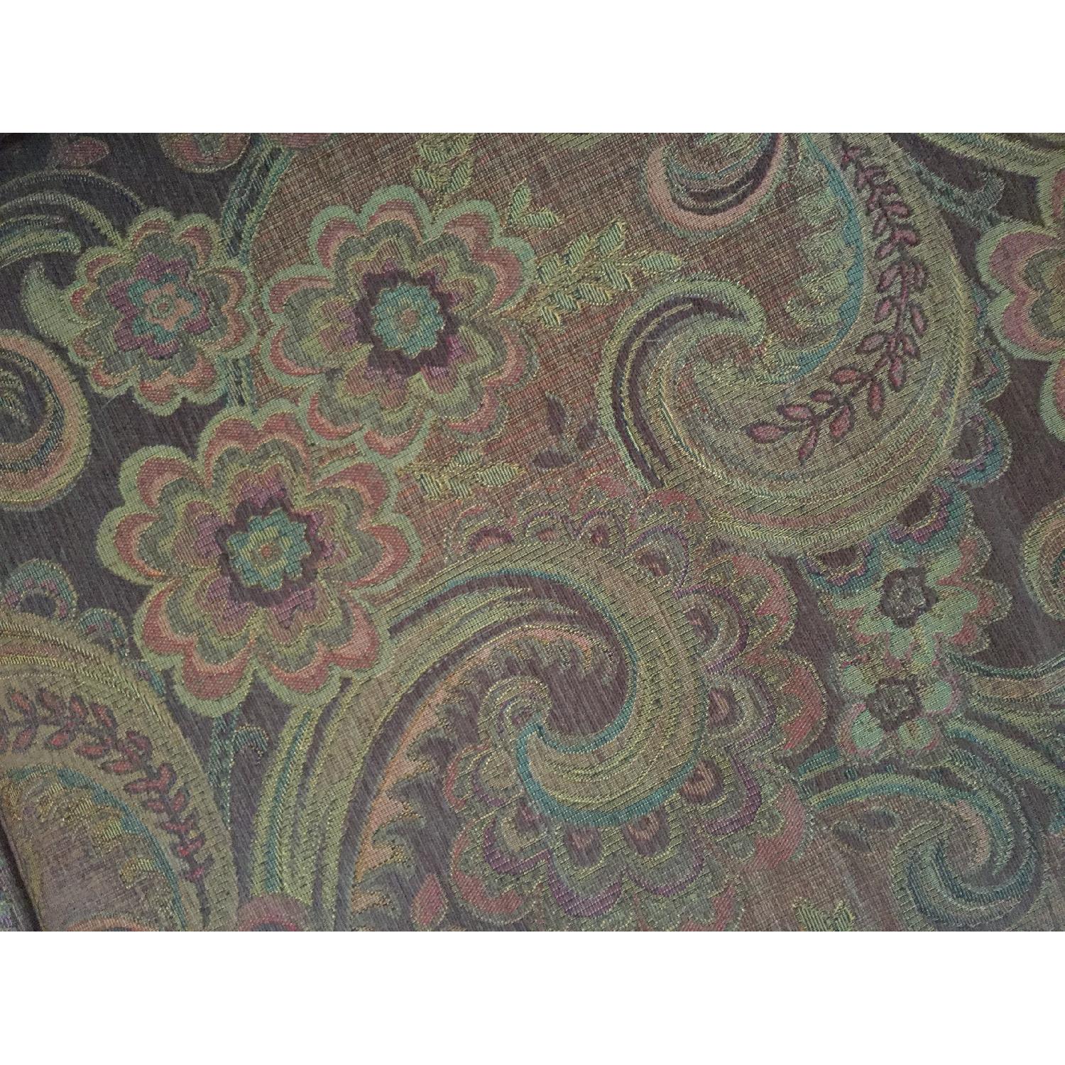 Raymour & Flanigan Brown Paisley Couch w/ Leather & Wood Carving - image-2