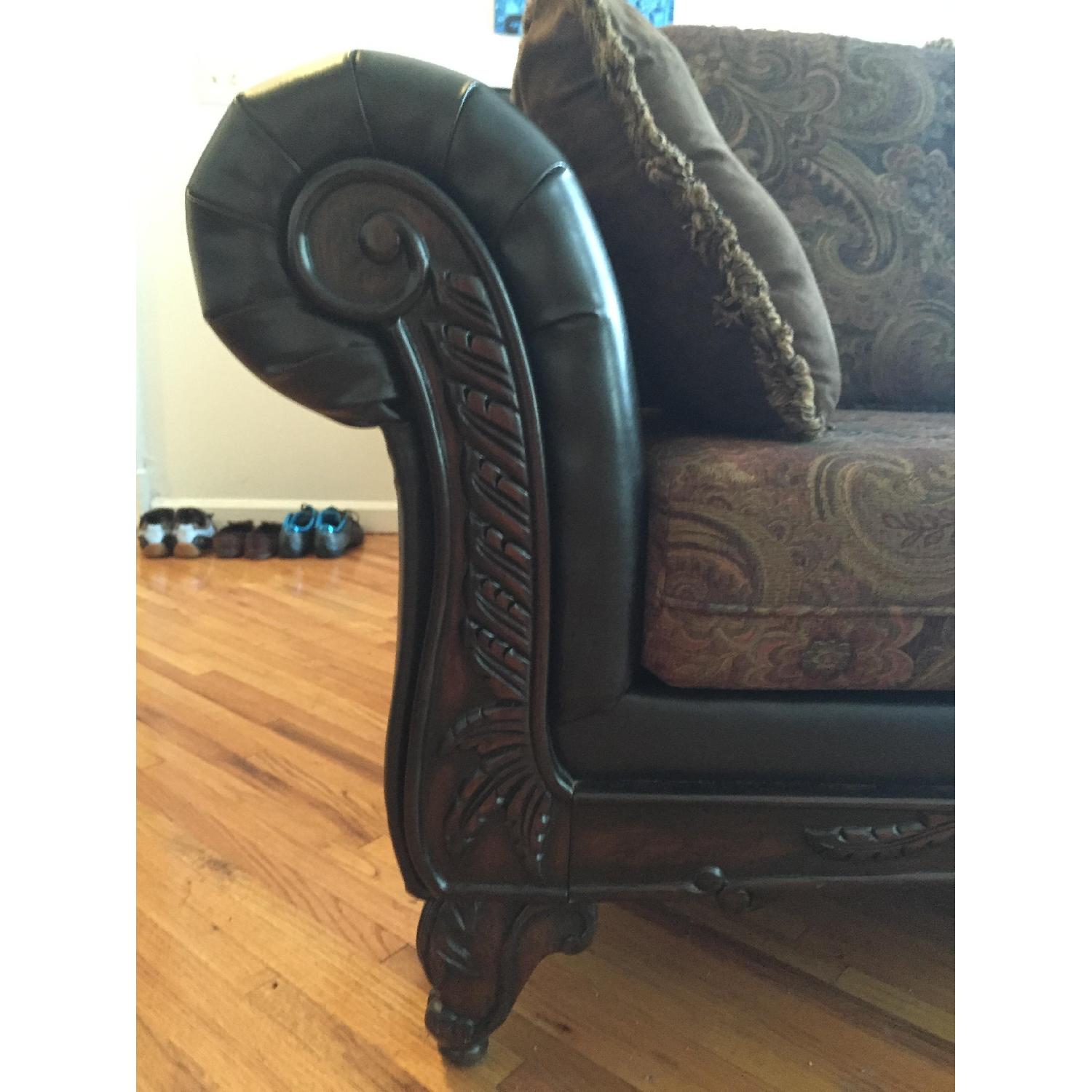 Raymour & Flanigan Brown Paisley Couch w/ Leather & Wood Carving - image-3
