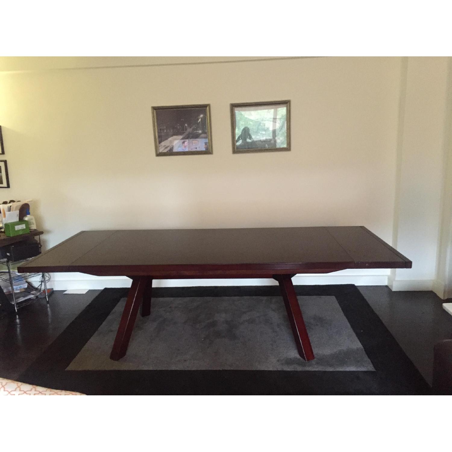 Extendable Solid Wood Trestle Dining Room Table w/ 6 Chairs - image-3