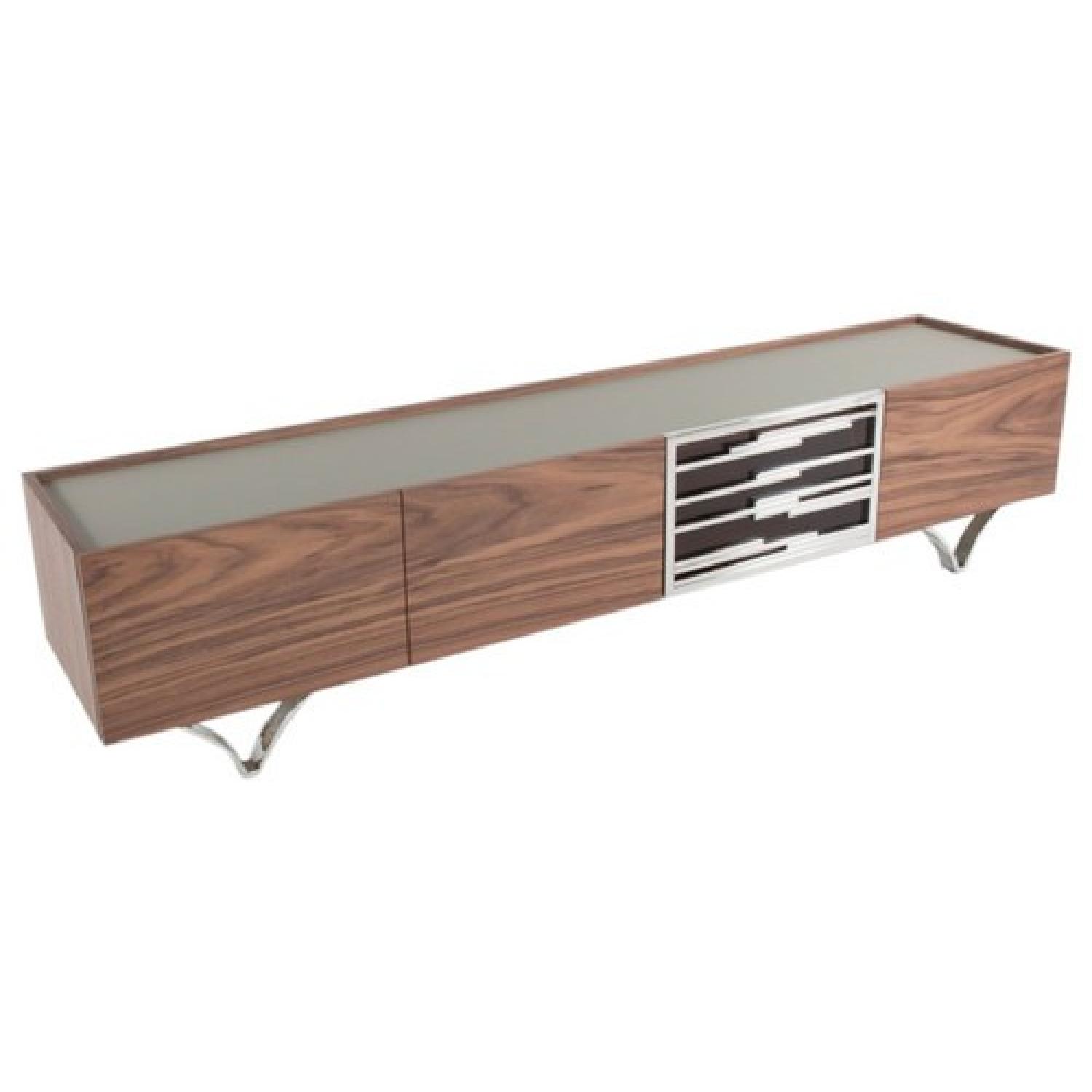 Modern TV Stand in Walnut Finish w/ Cast Metal Legs AptDeco