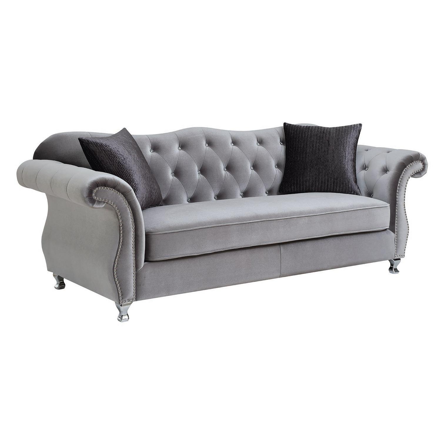 Grey Velvet Sofa w/ Tufted Crystal Accent AptDeco