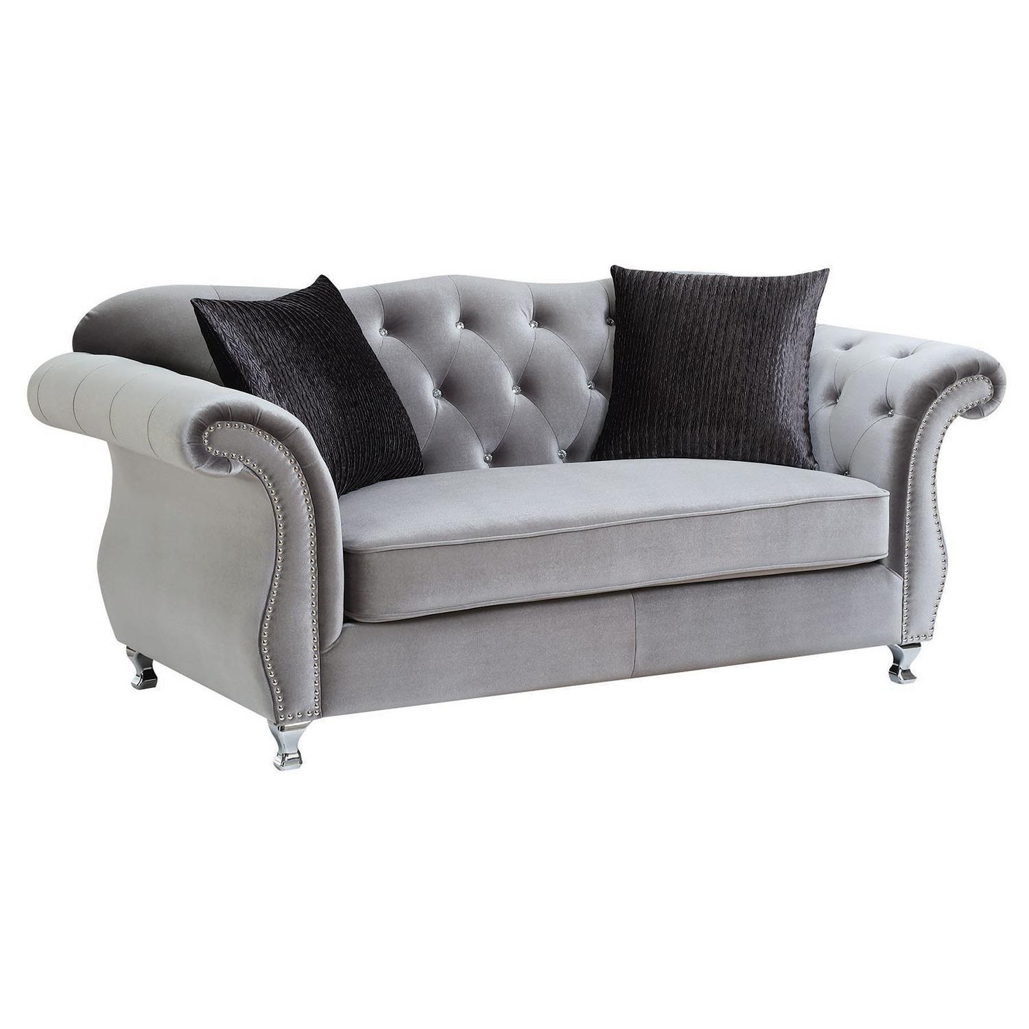 Grey Velvet Loveseat w/ Tufted Crystal Accent AptDeco
