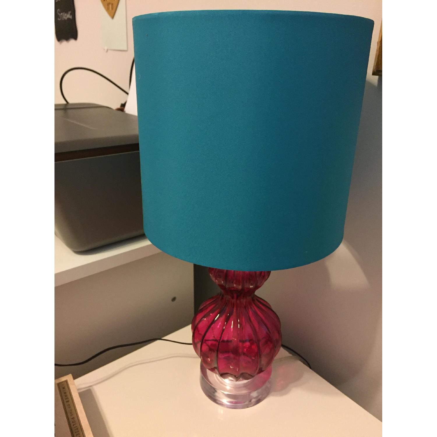 Table Lamp w/ Pink Base & Blue Shade - image-1