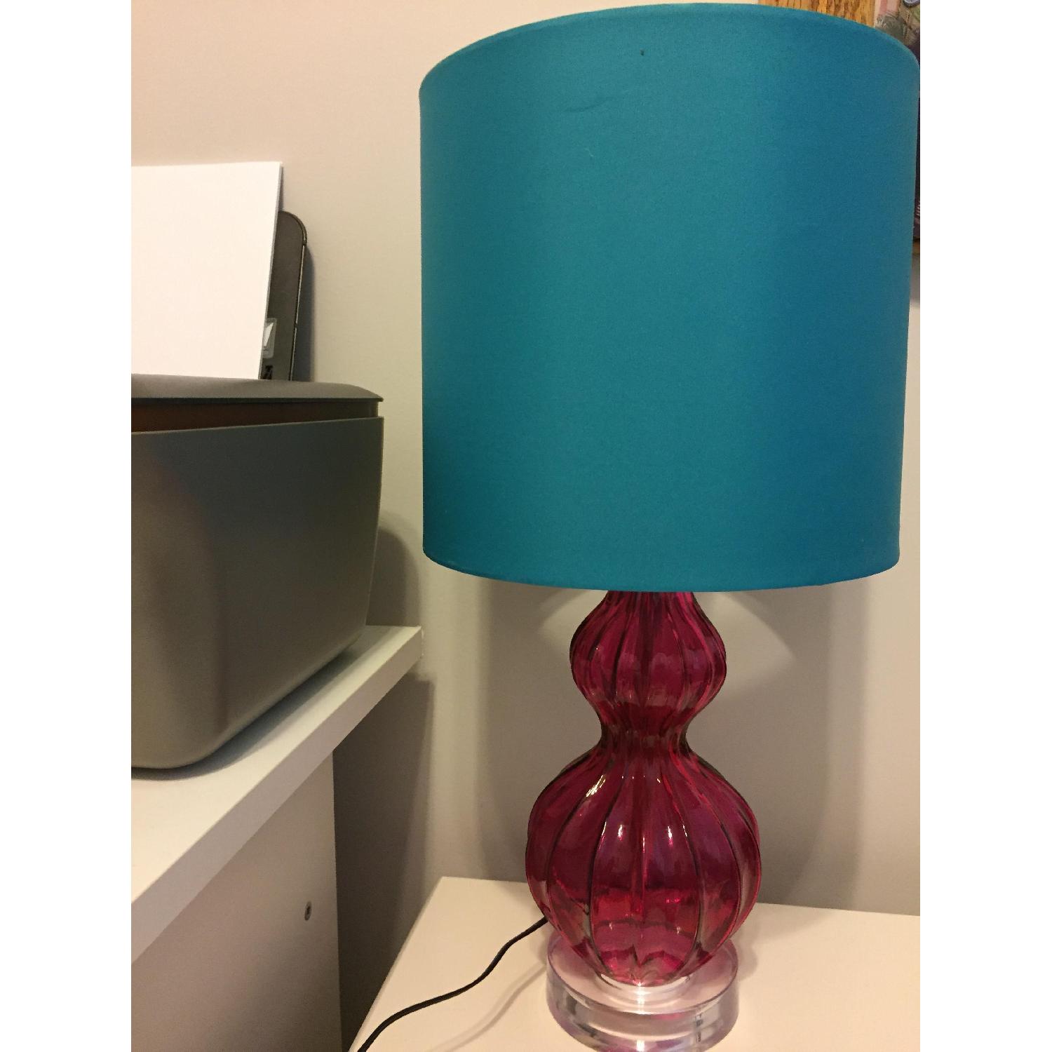 Table Lamp w/ Pink Base & Blue Shade - image-2