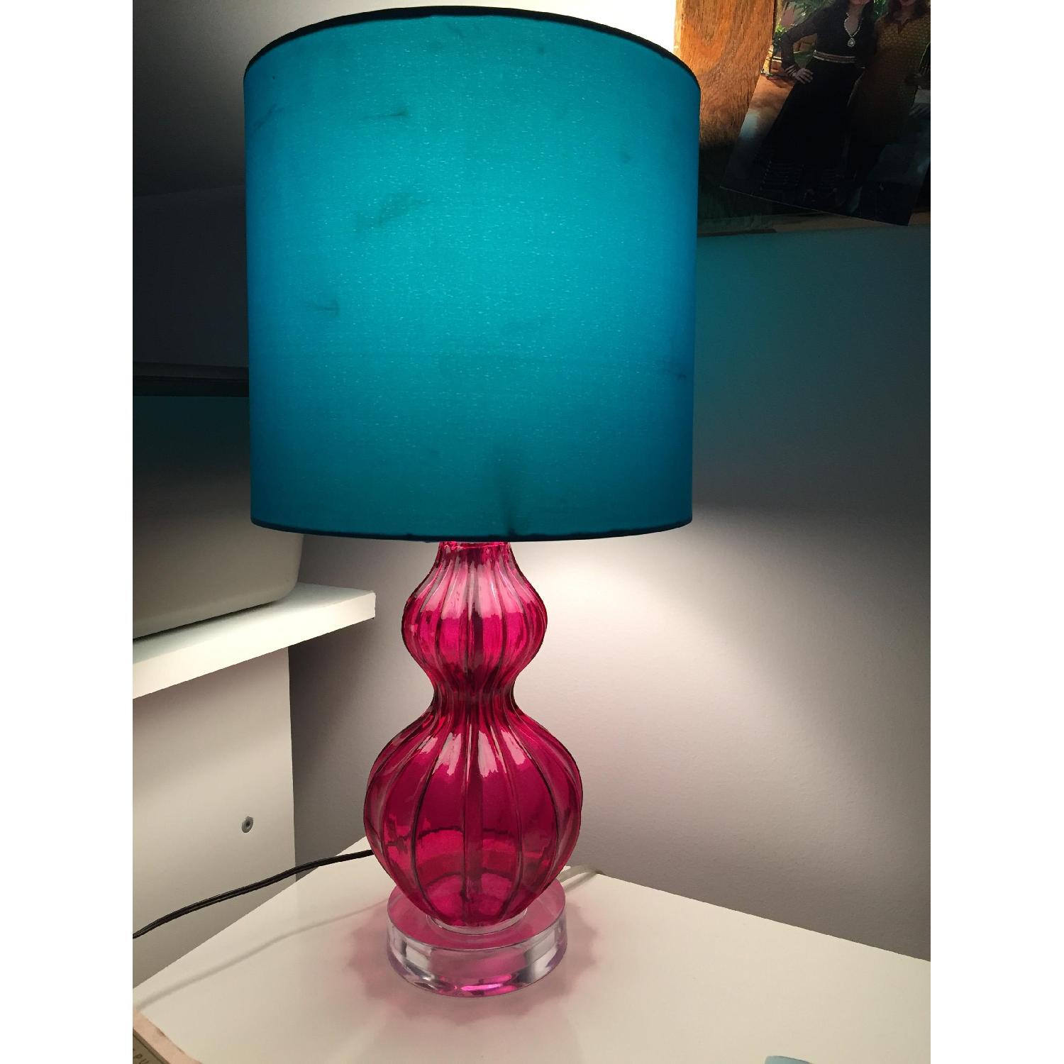 Table Lamp w/ Pink Base & Blue Shade - image-3